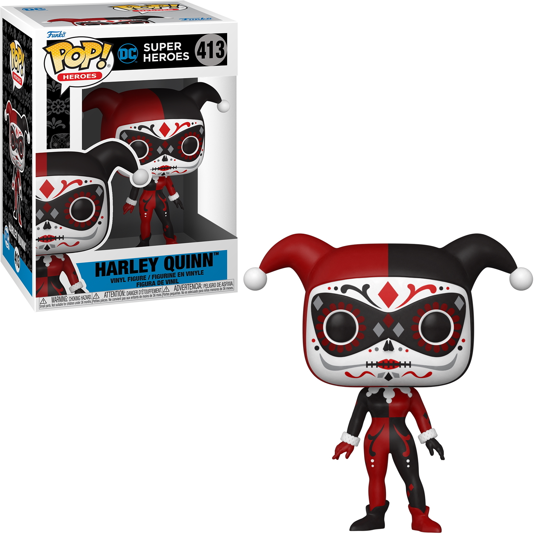 Harley Quinn Funko Pop Figur. Rotes und schwarzes Kostüm, weißes Gesicht, zwei weiße Bommel.