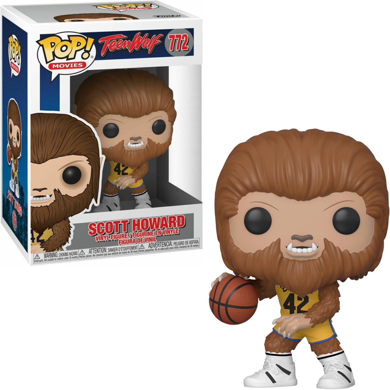 Teen Wolf Scott Howard Funko Pop Figur mit Basketball und Box auf weißem Hintergrund.
