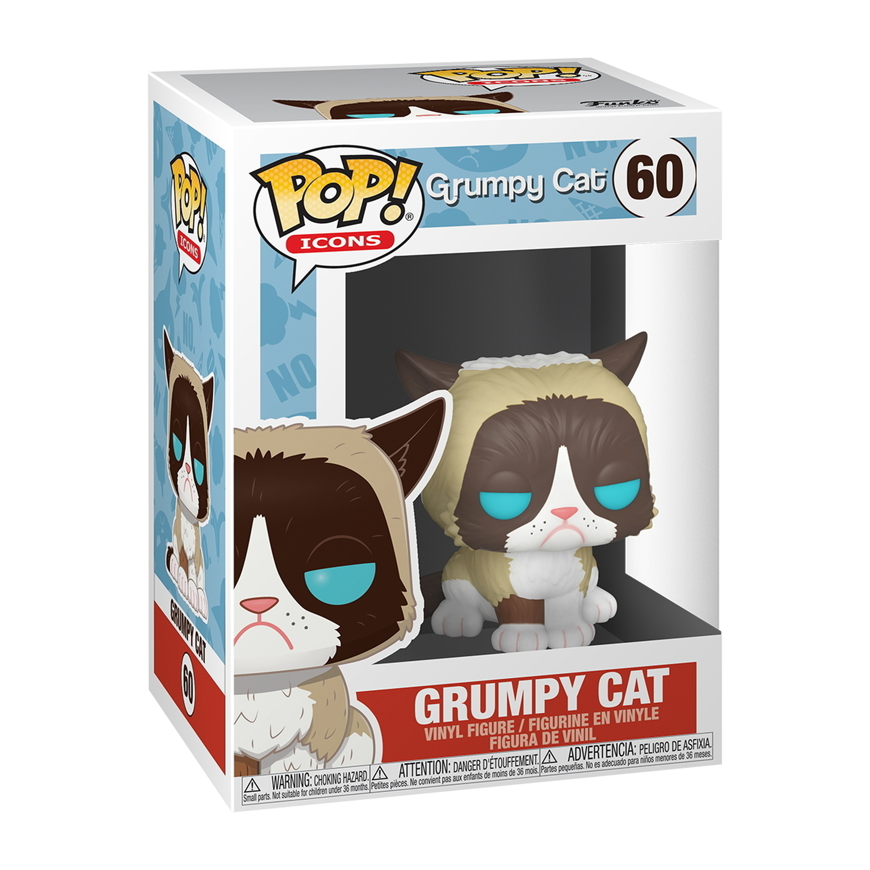 Grumpy Cat Figur in einer Box. Braune und weiße Katze mit grimmigem Gesicht. Grumpy Cat.