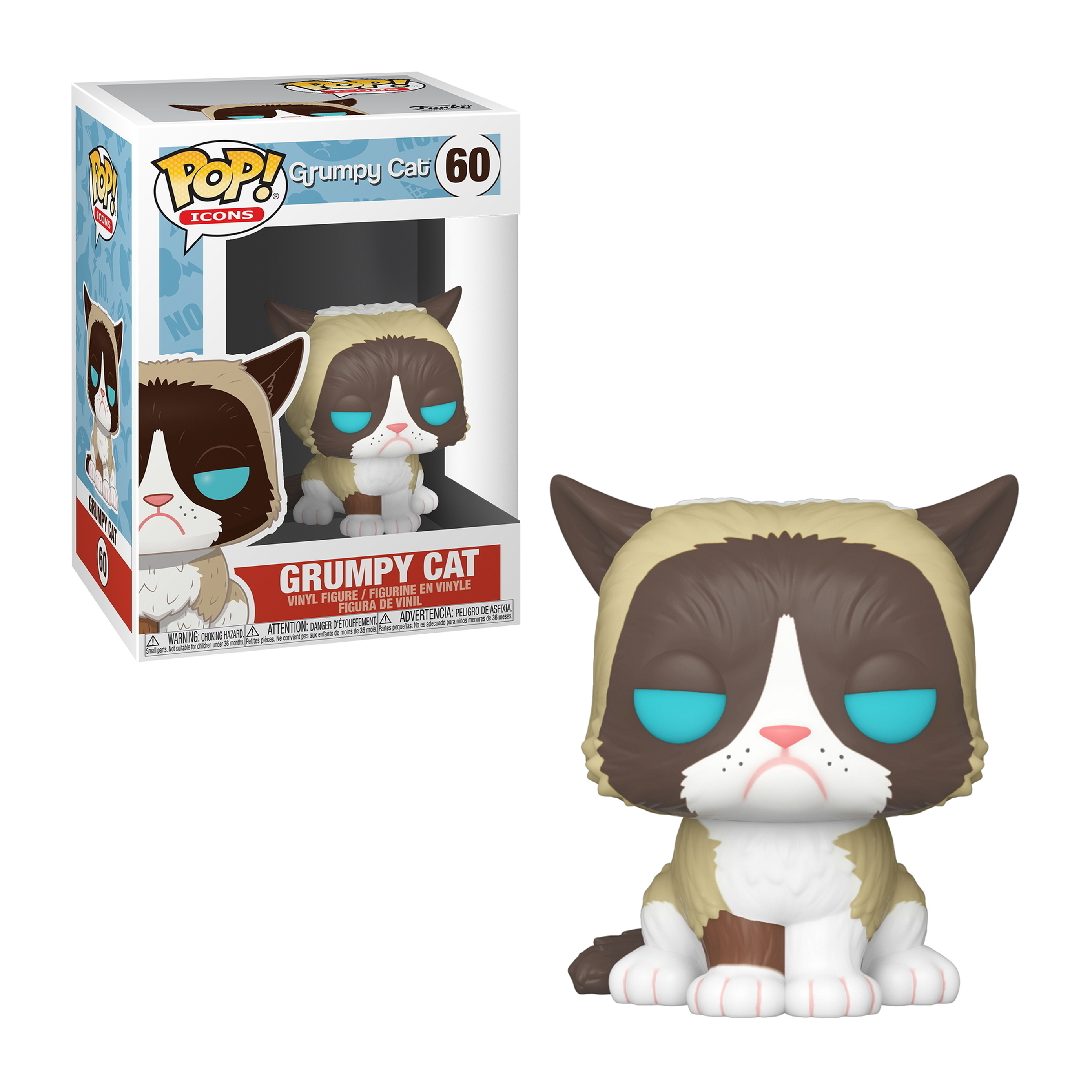 Grumpy Cat Figur mit braun-weißem Fell, türkisfarbenen Augen, sitzend. Box im Hintergrund.