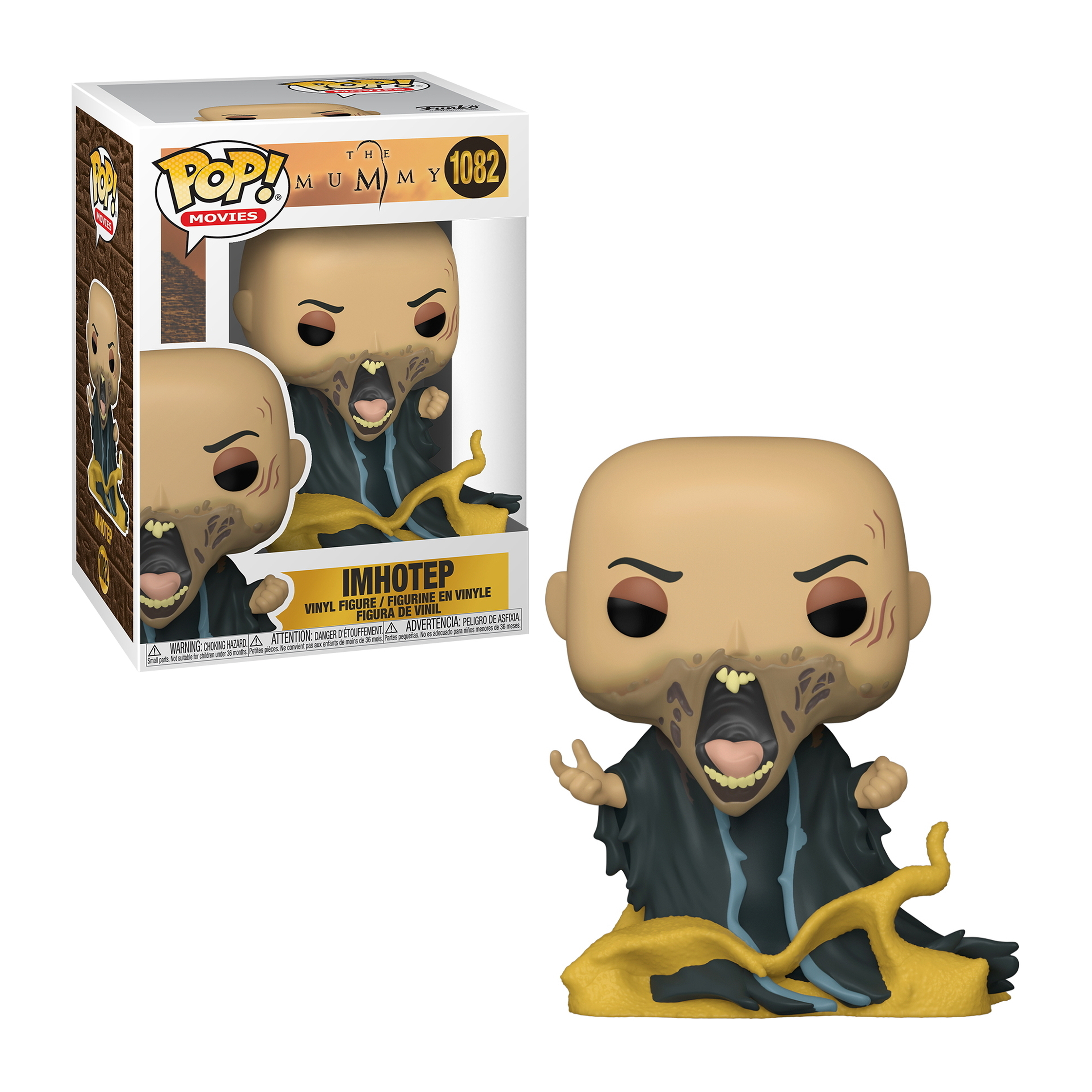 Imhotep Funko Pop Figur, mit kahlem Kopf, Bandagen und offenem Mund, auf goldener Basis.