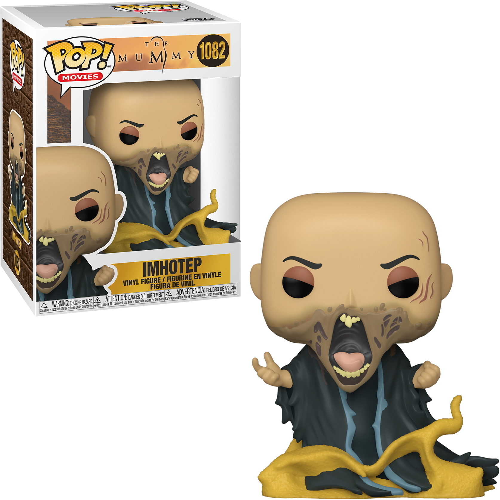Funko Pop Figur von Imhotep, einer Mumie, mit der Box, auf weißem Hintergrund.