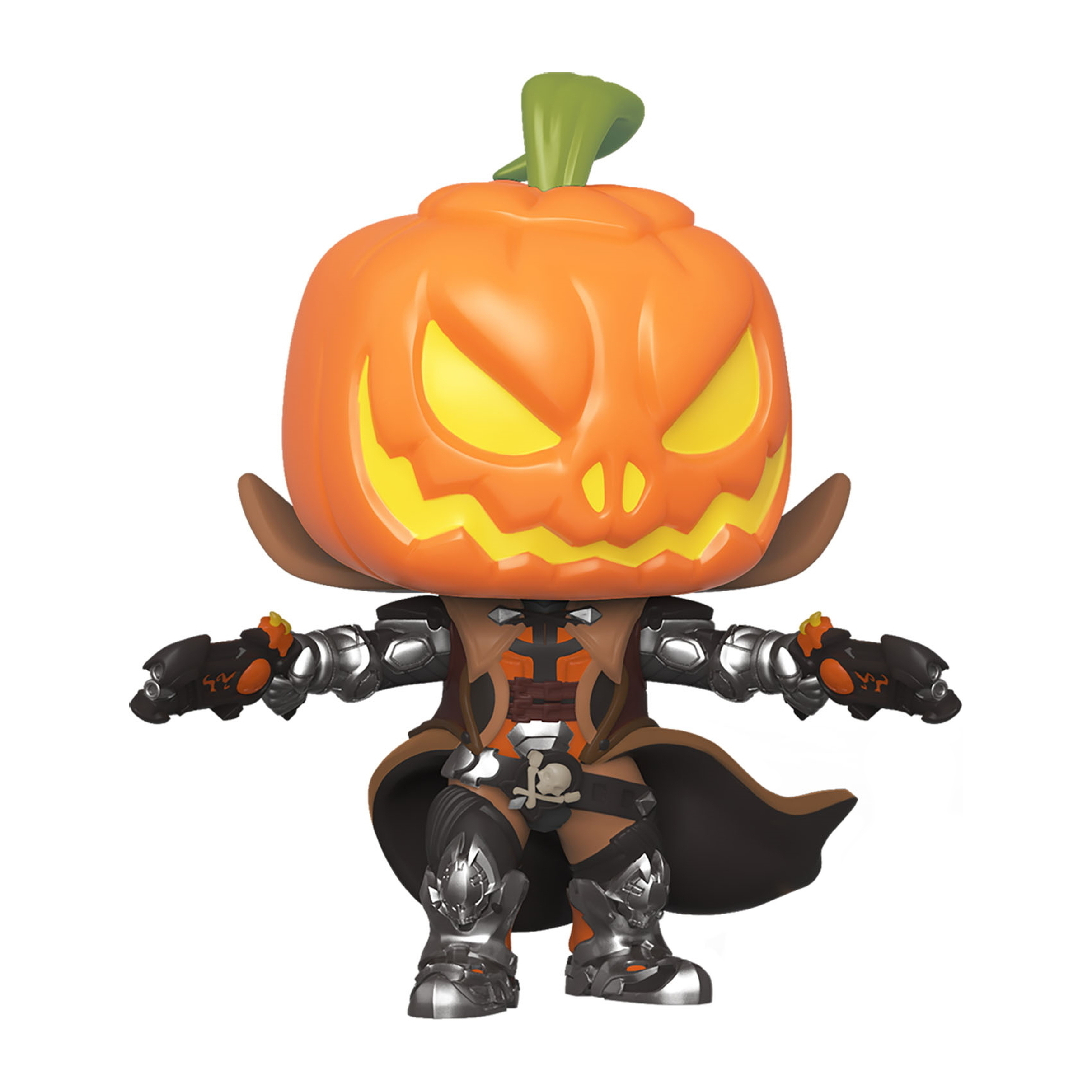 Eine Funko Pop Figur eines Charakters mit Kürbiskopf, Waffen und dunkler Kleidung, die auf weißem Untergrund steht.