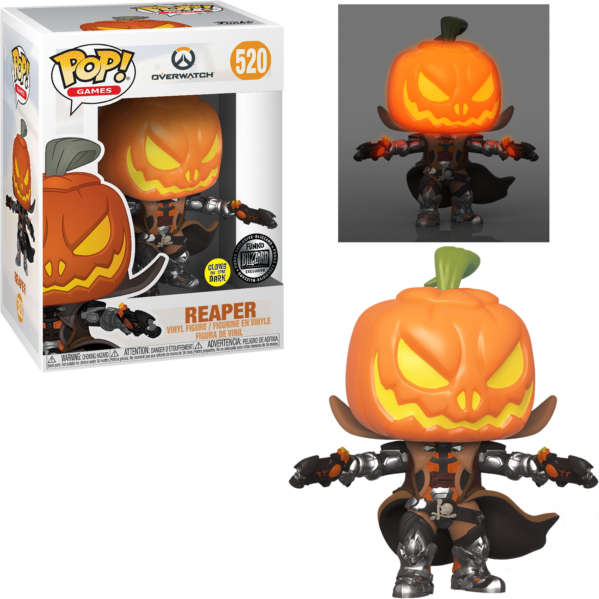 Reaper Kürbiskopf Funko Pop Figur, leuchtet im Dunkeln, mit thematischem Karton.