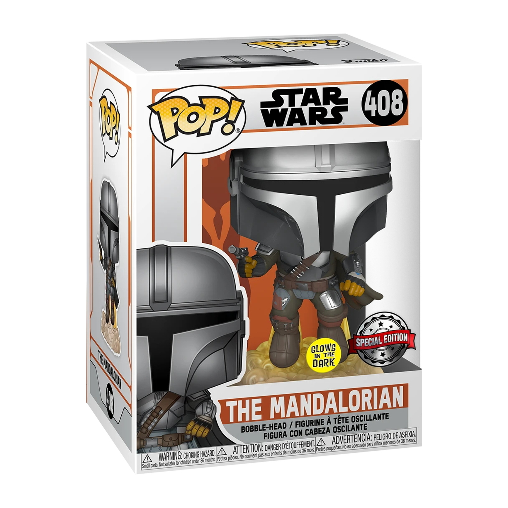 Die Mandalorianer-Figur aus Star Wars in einer Funko Pop-Box. Es ist ein Wackelkopf mit metallischem Helm.