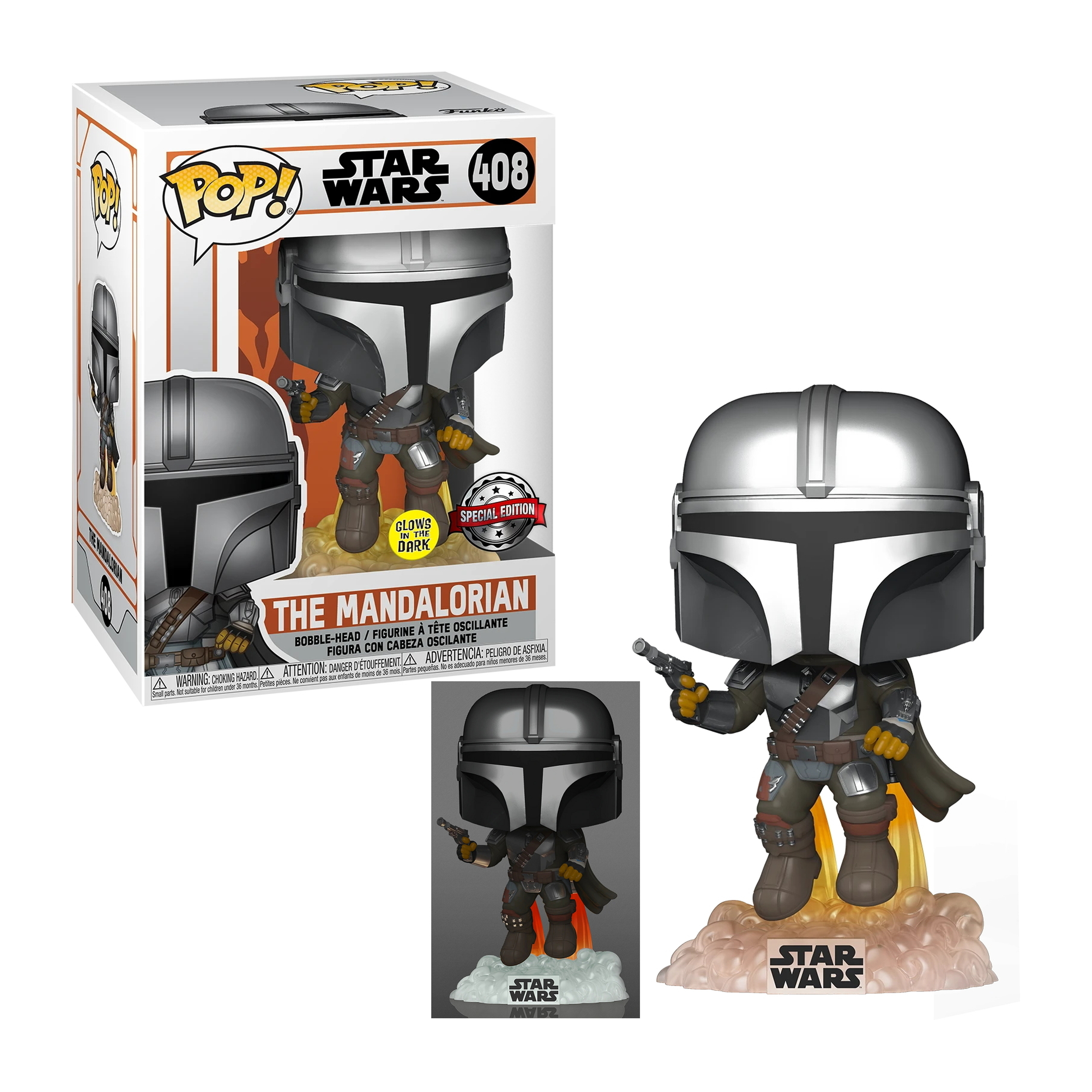The Mandalorian Funko Pop Figur, silberner Helm, hält einen Blaster, steht auf Wolkeneffekt.
