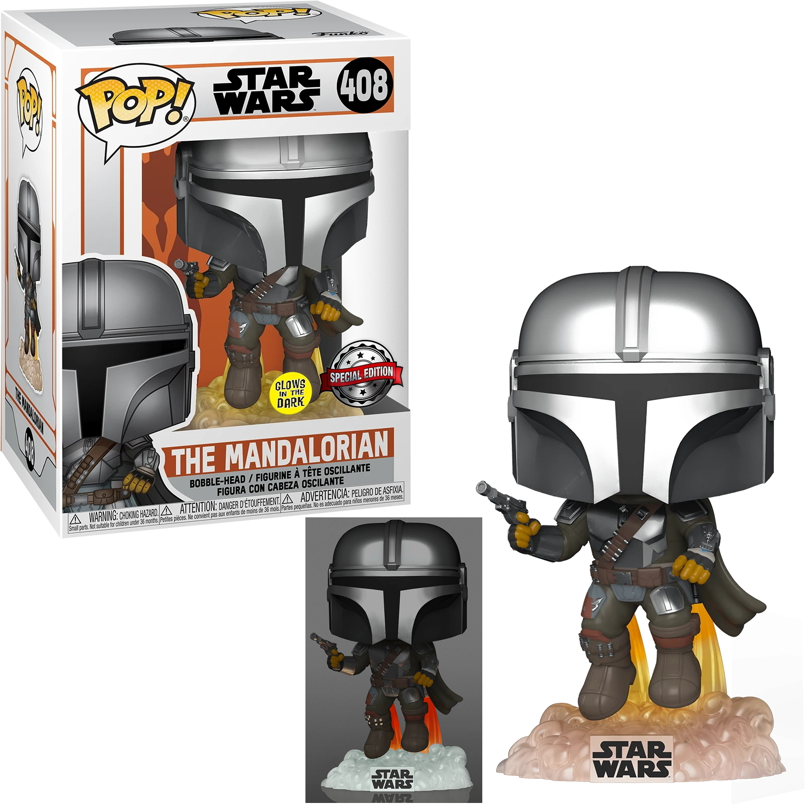 Der Mandalorianer Funko Pop. Figur mit silbernem Helm und Rüstung, hält einen Blaster, auf einer Basis.