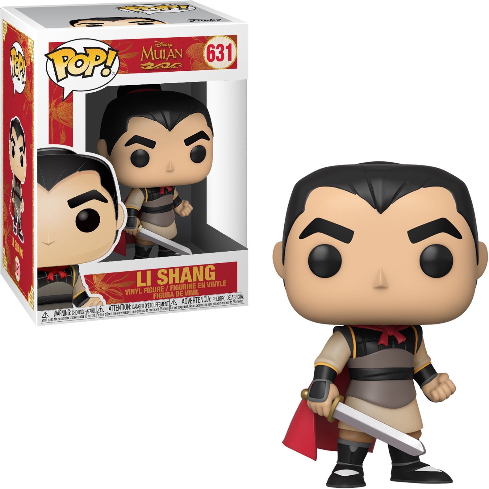 Figurka Li Shang Funko Pop w pudełku i jako samodzielna figurka, w czerwonej pelerynie.