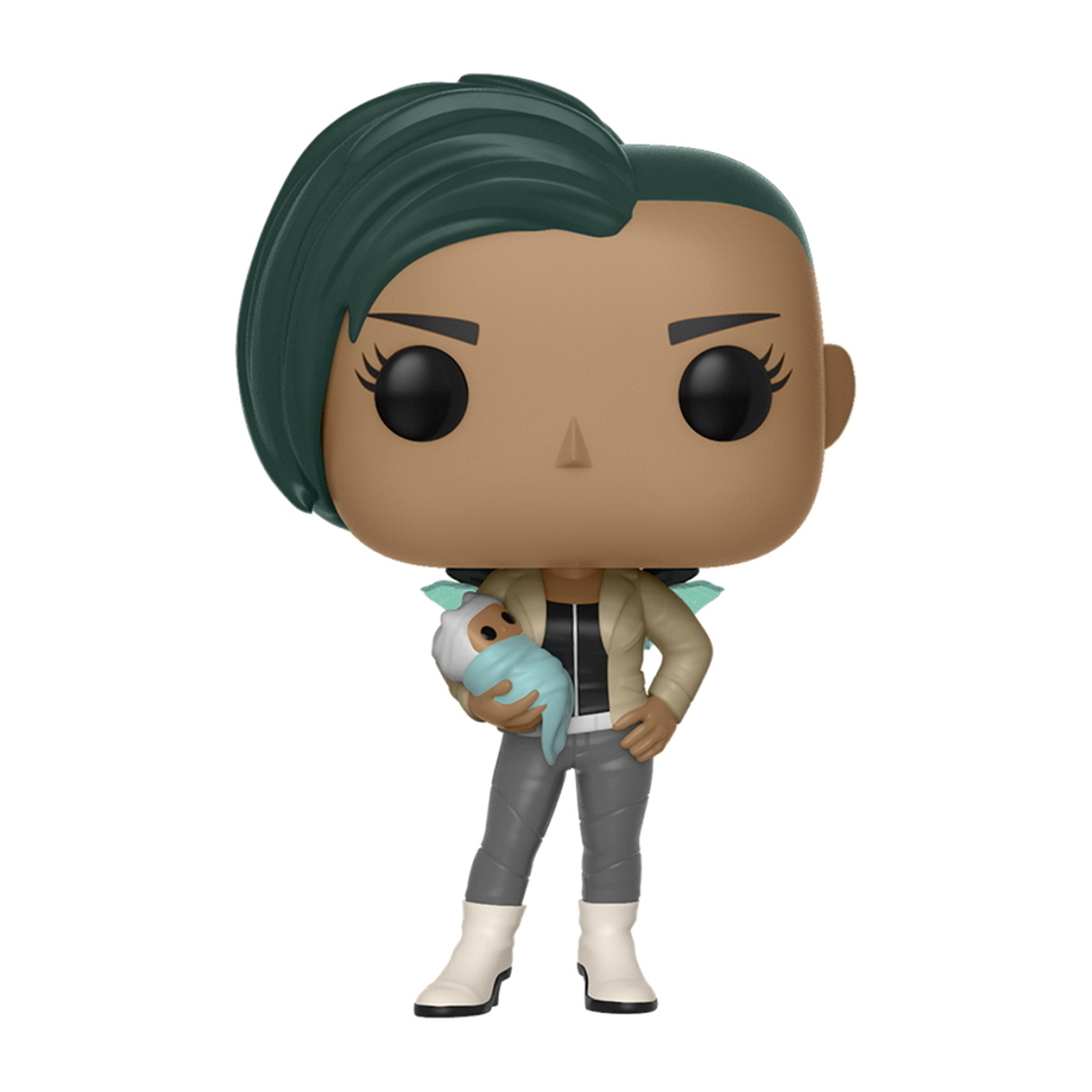 Eine Funko Pop-Figur einer Frau, die ein Baby hält. Sie hat grüne Haare und trägt graue Hosen.