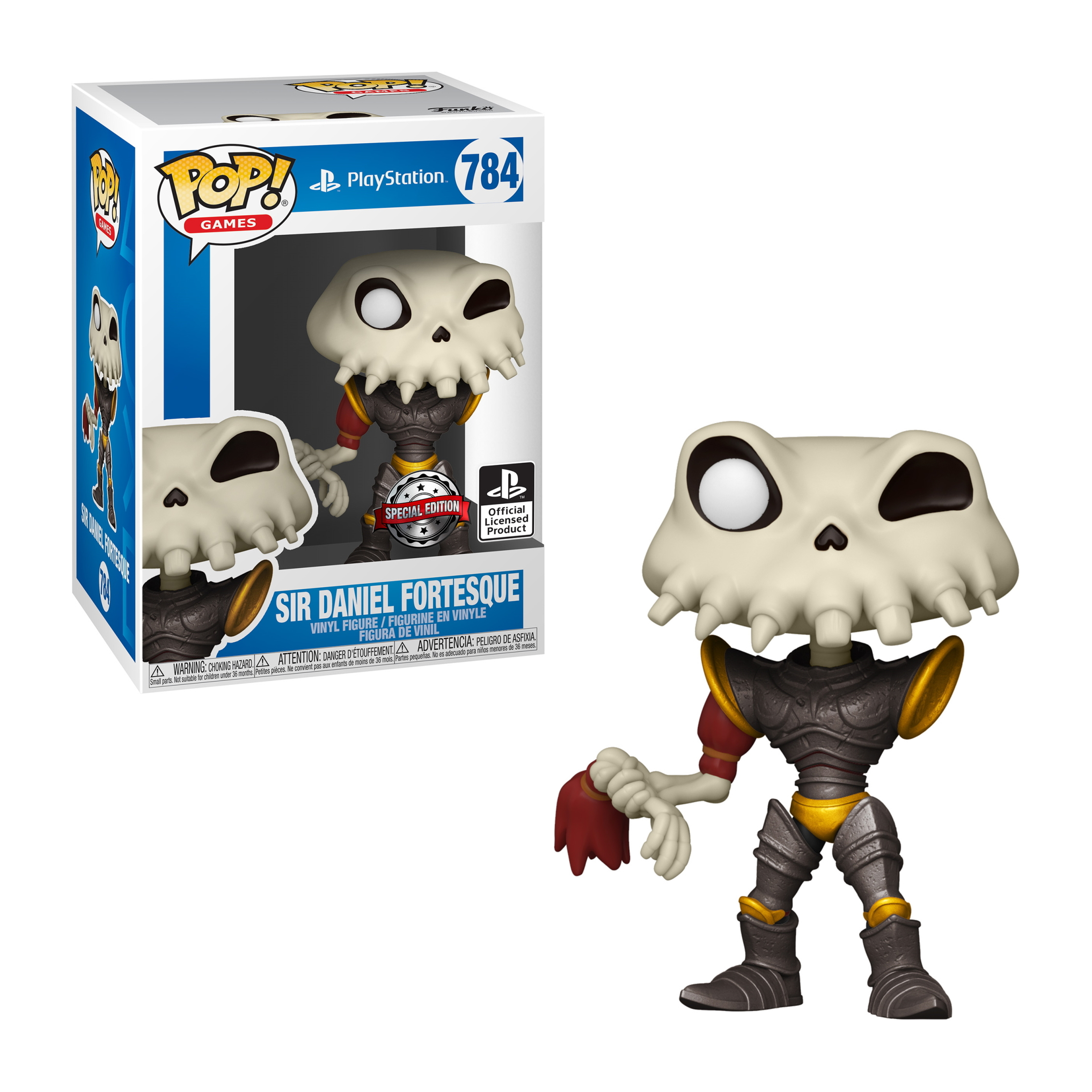 Sir Daniel Fortesque-Figur mit Totenkopf, Rüstung und Schachtel.