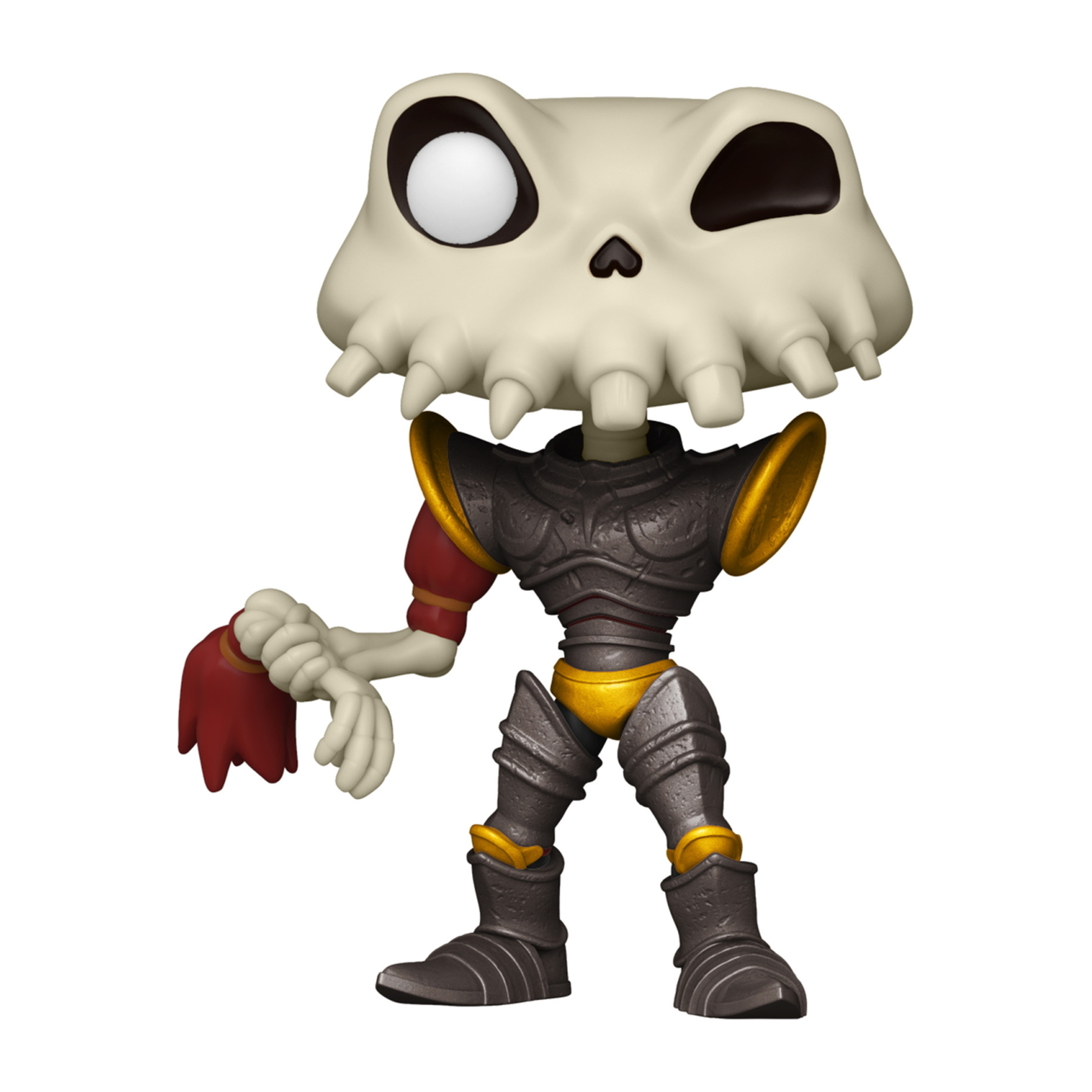 Funko Pop eines Skeletts mit Totenkopf, Rüstung und roten Handschuhen, das zwinkert.