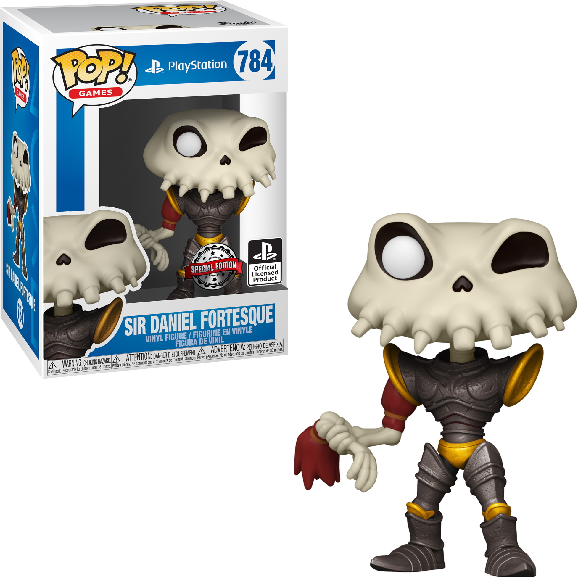 Funko Pop von Sir Daniel Fortesque aus Medievil, ein Skelett mit Rüstung. Er hat ein Schwert.