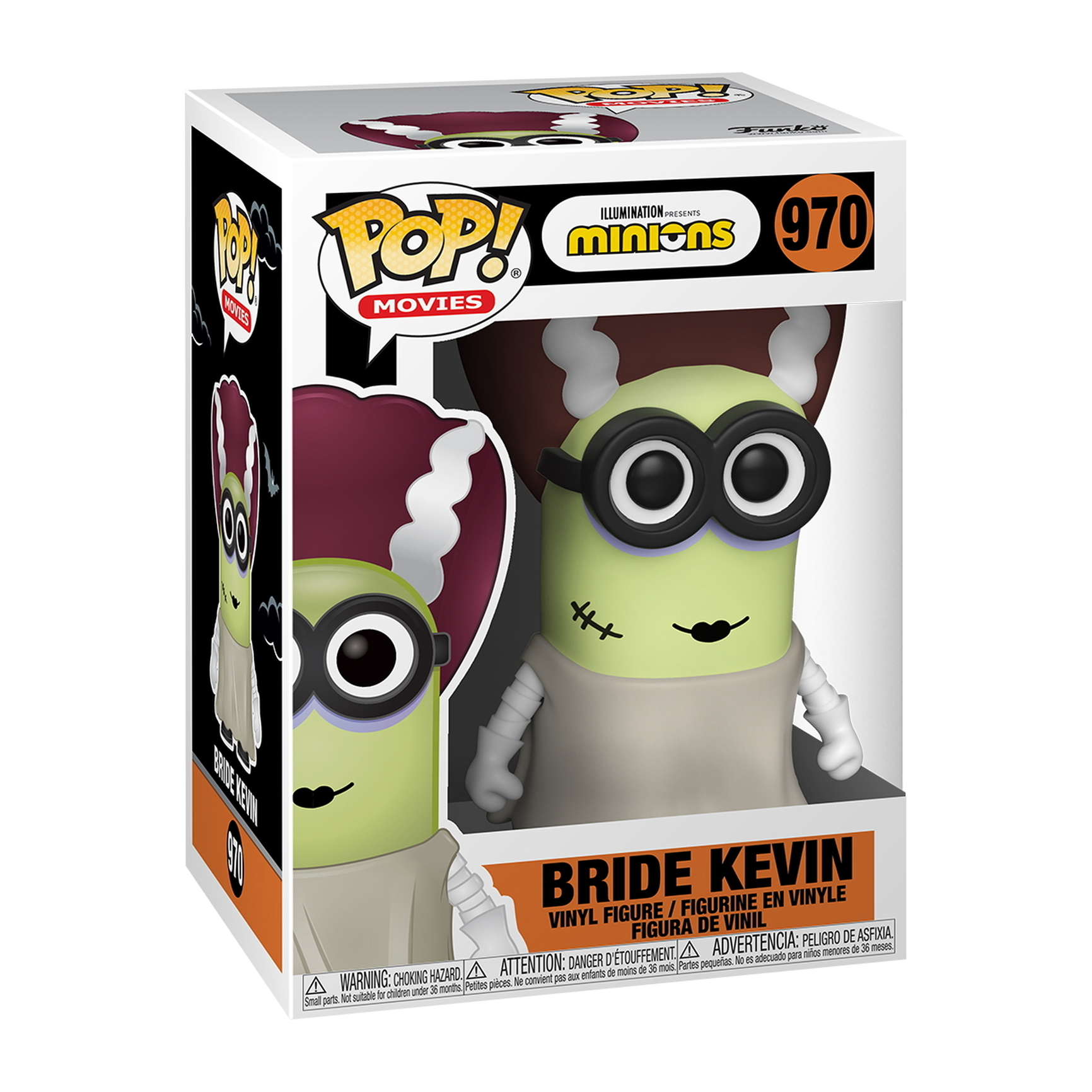 Bride Kevin Figur in der Box. Es ist ein grüner Minion mit herzförmigem Kopfschmuck. Die Box zeigt Minions Movies.