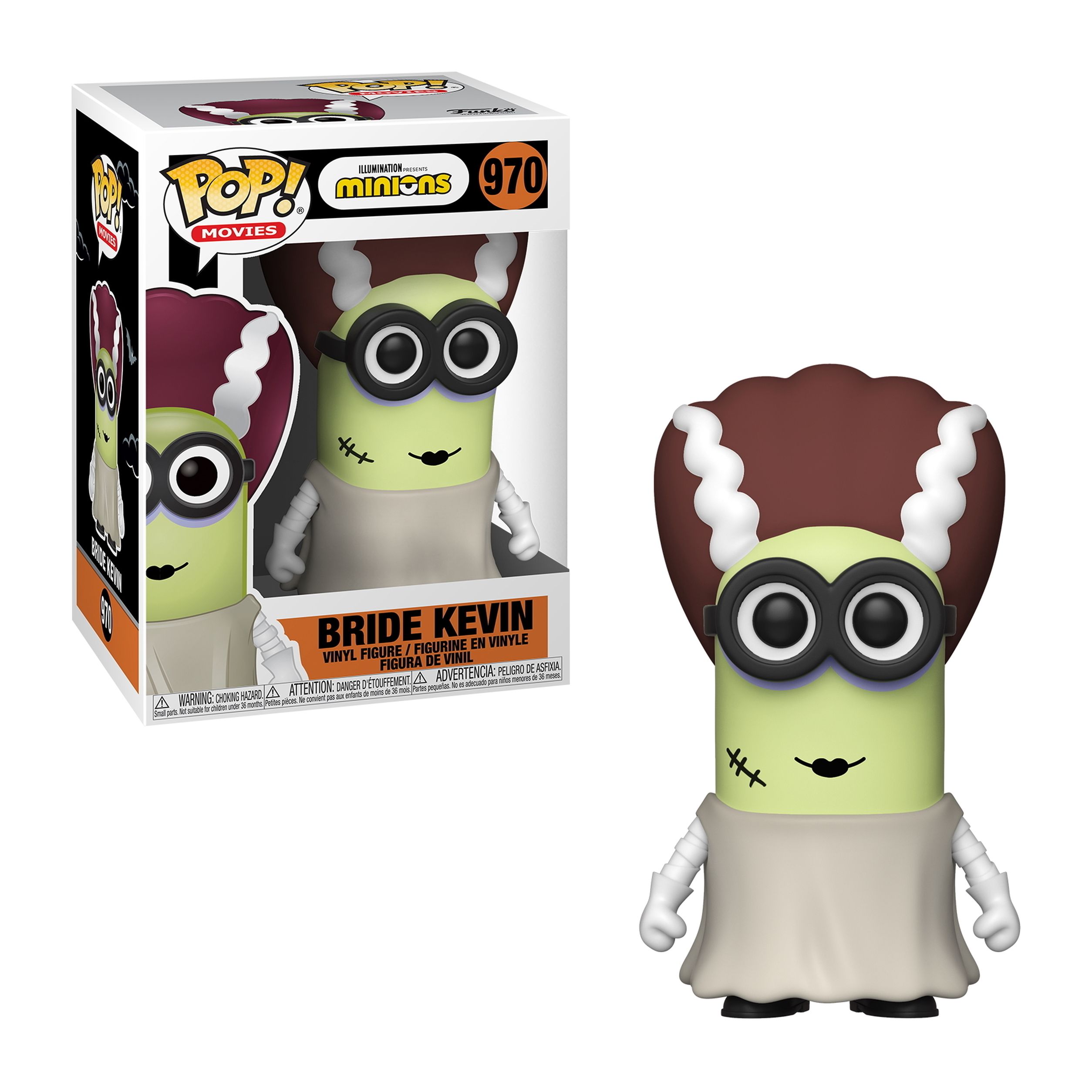 Eine Funko Pop Figur von Bride Kevin aus Minions, trägt ein weißes Kleid und genähtes Gesicht.