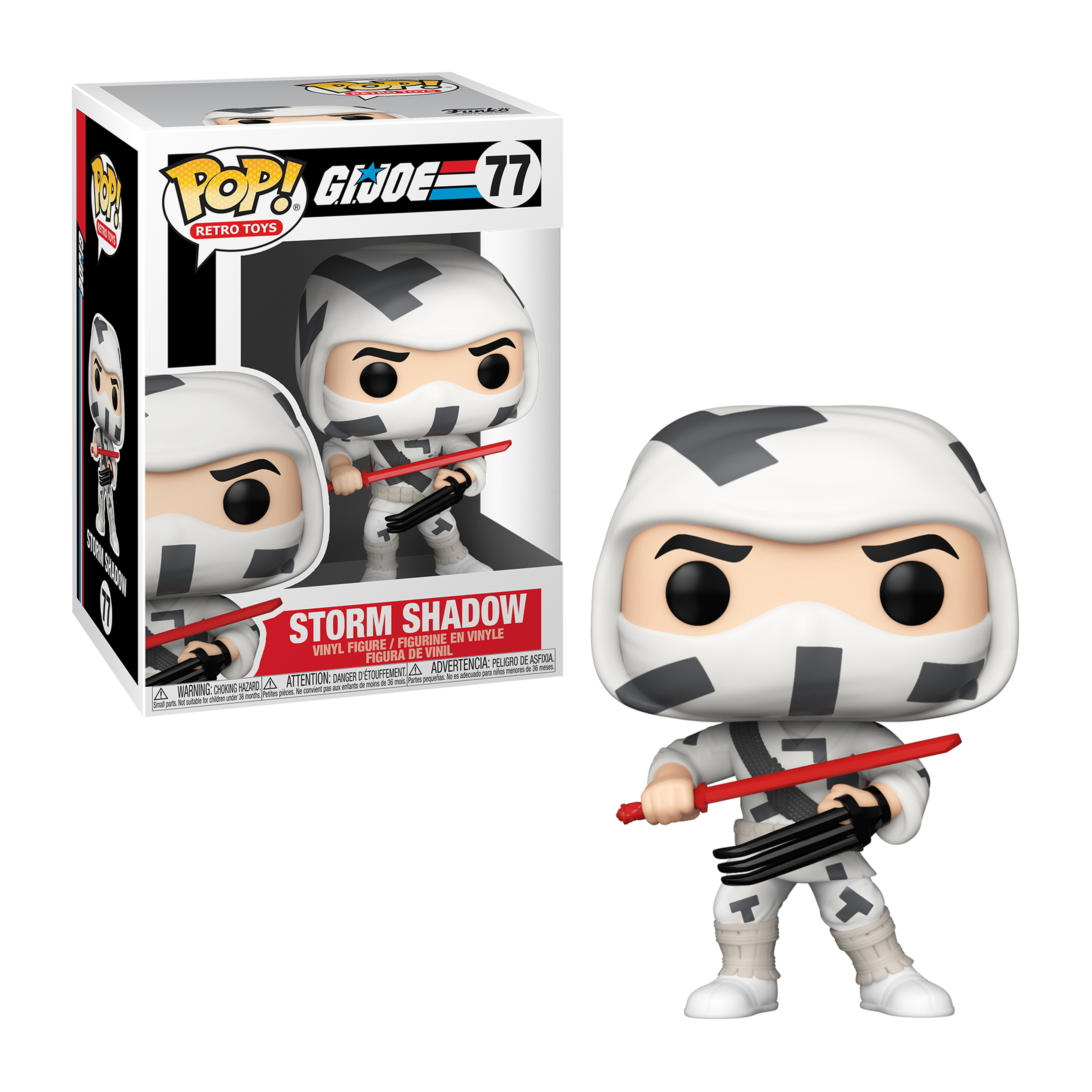 Figurka Storm Shadow Funko Pop. Biały i szary kostium i maska, trzymająca dwa miecze.
