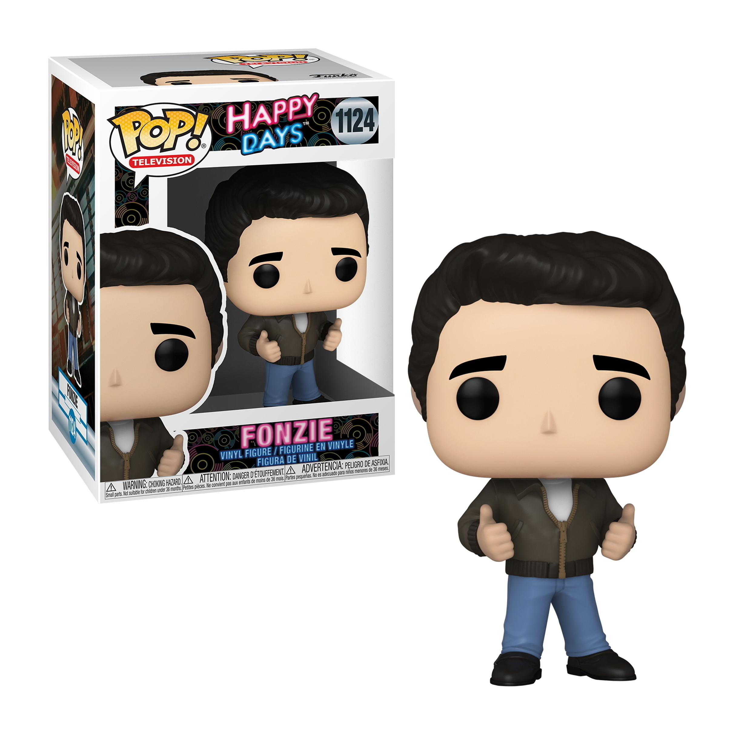 Fonzie Funko Pop Figur, Daumen hoch Geste, trägt eine braune Jacke und Jeans.