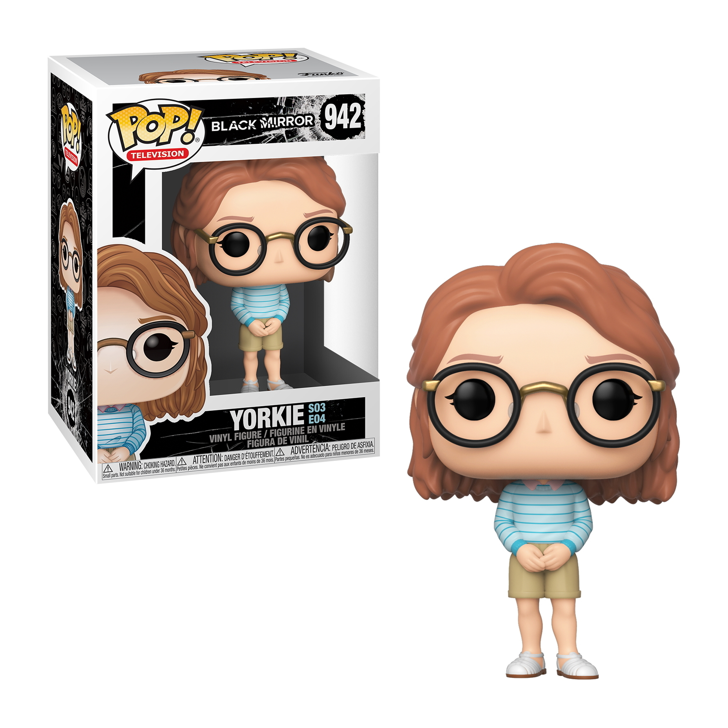 Figurka Yorkie w okularach, w paski koszuli, szortach i pudełku.