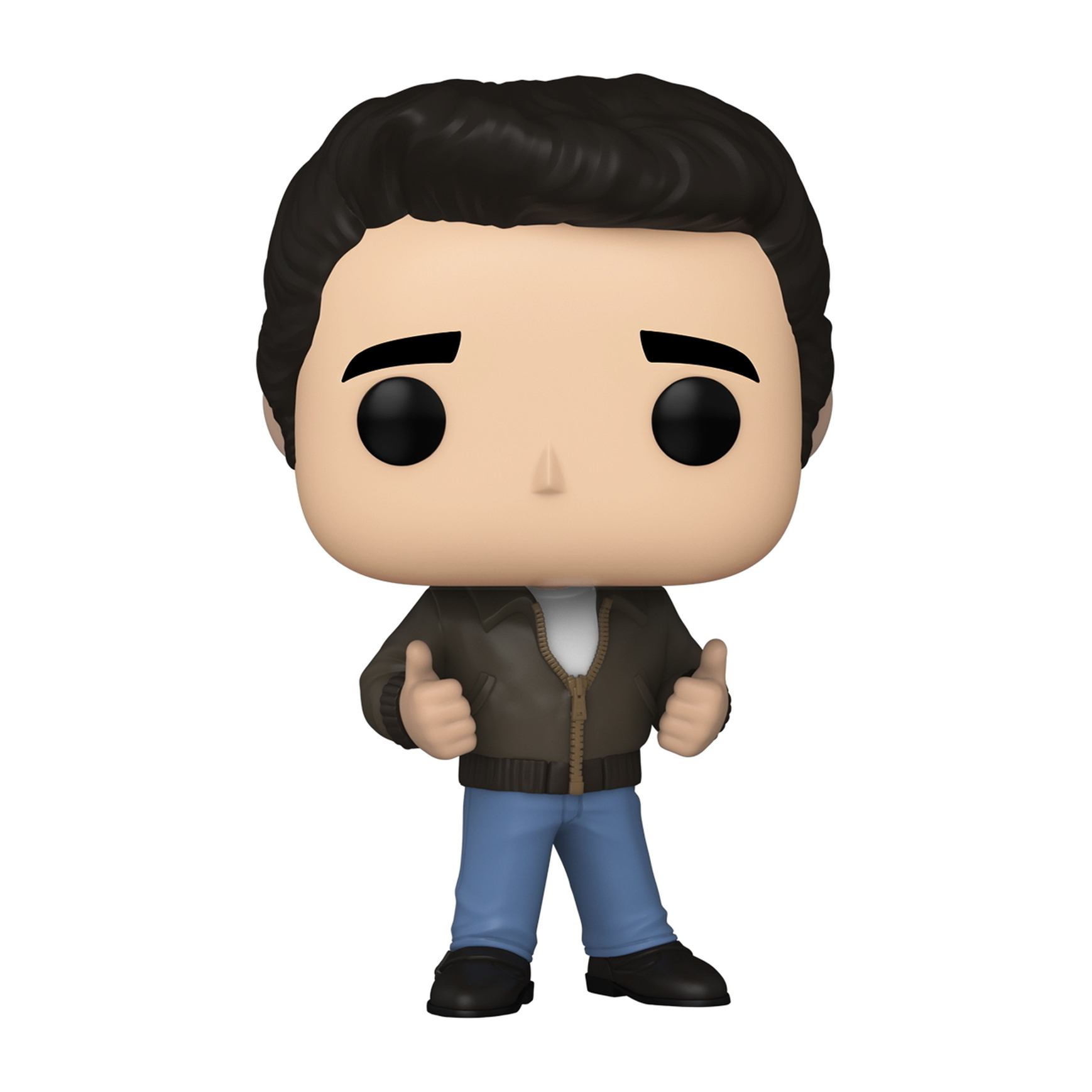 Funko Pop Figur eines Mannes mit dunklen Haaren, trägt eine braune Jacke, blaue Jeans, Daumen hoch. Weißes Hemd.