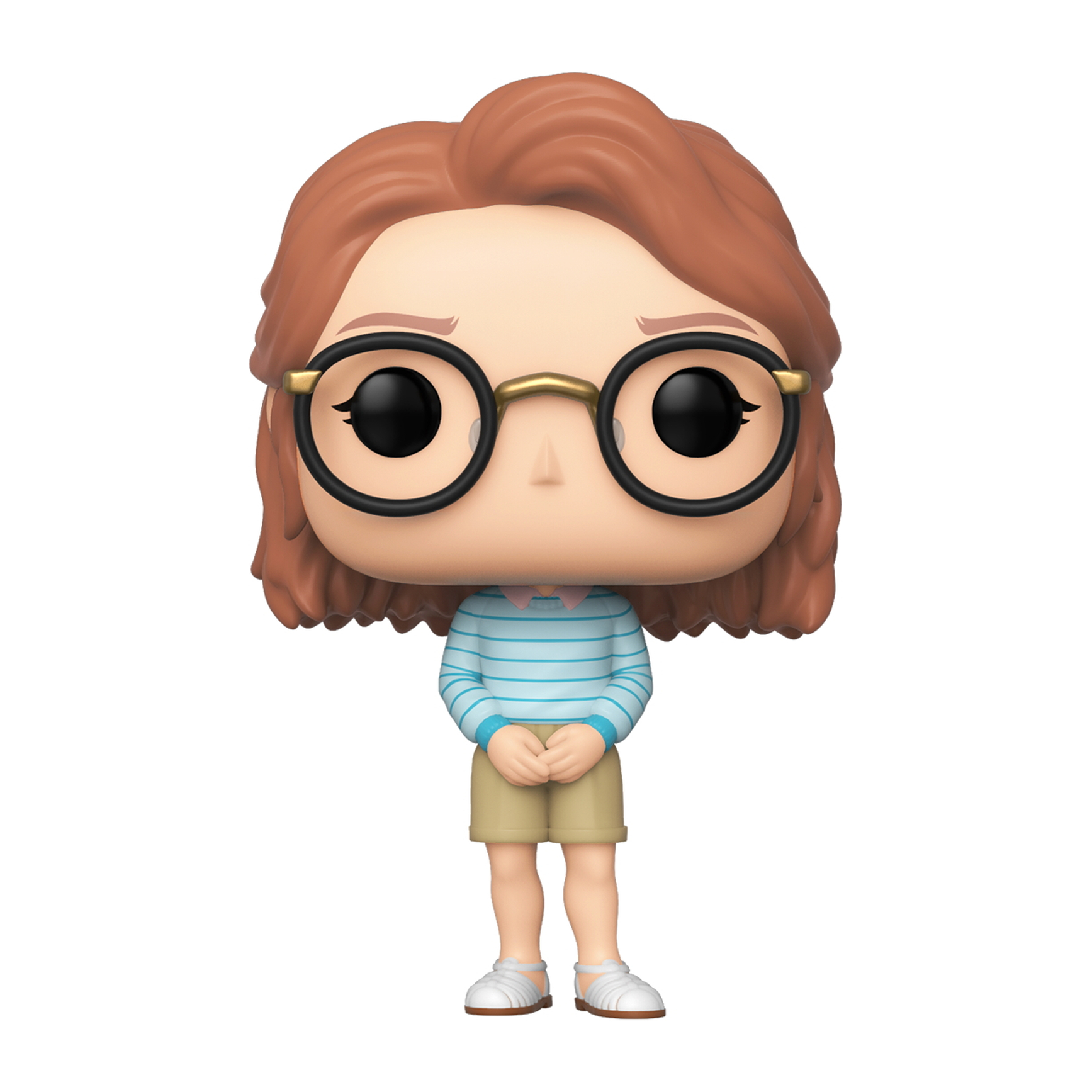 Figurka Funko Pop kobiety w okularach, w niebieskiej koszuli w paski i szortach khaki.