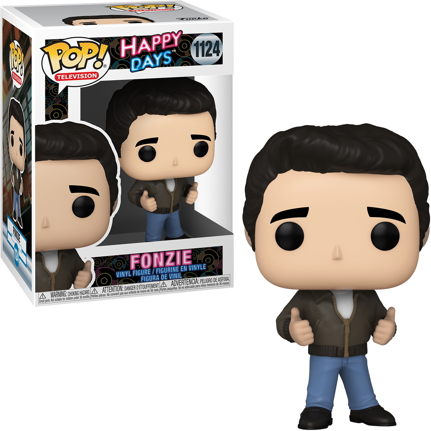 Fonzie Figur aus Happy Days, Daumen hoch, trägt Jacke und Jeans.