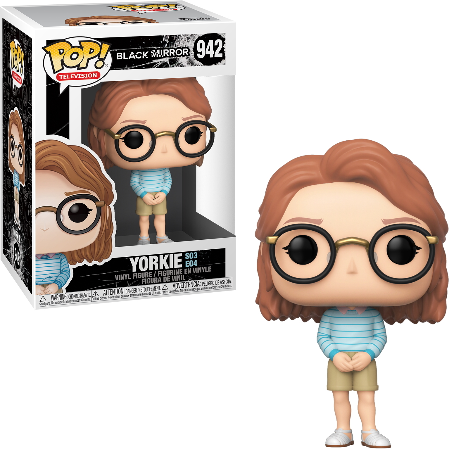 Figurka Yorkie Funko Pop z serialu Black Mirror. Brunetka, okulary, niebieska koszula w paski, szorty khaki.
