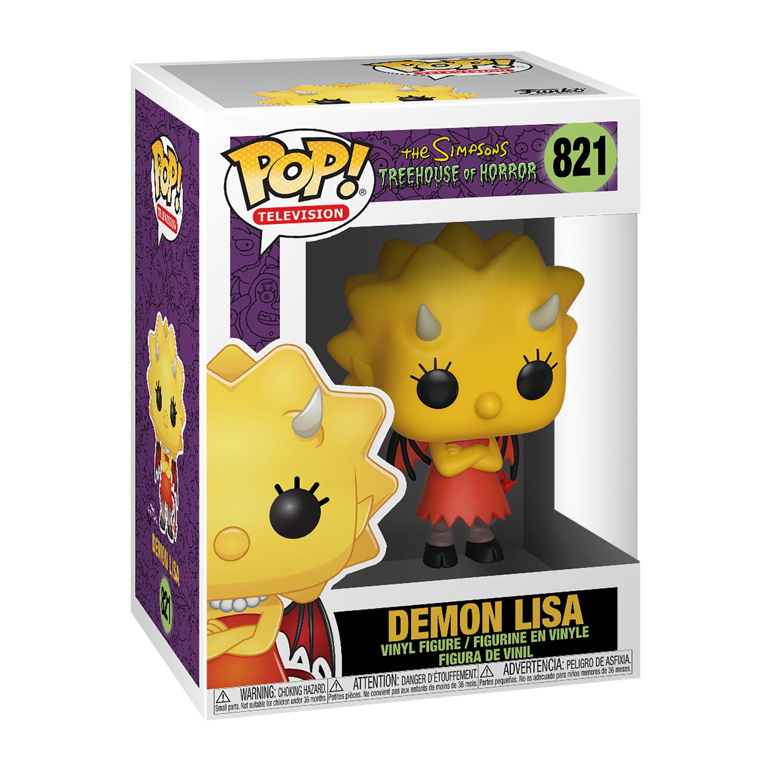 Eine Funko Pop-Figur von Demon Lisa aus The Simpsons, in rotem Kleid, in der Box.