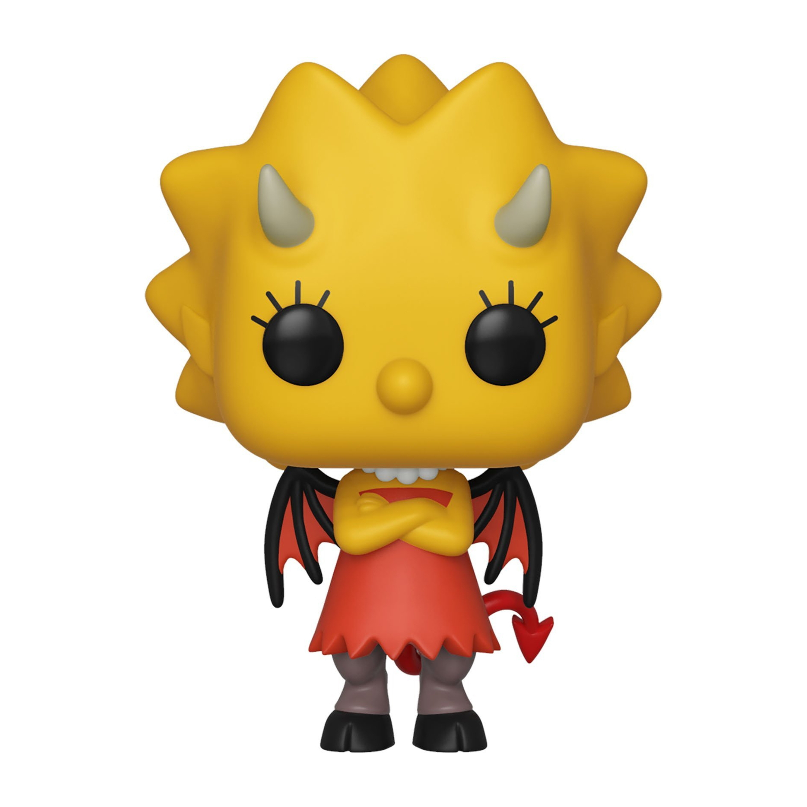 Funko Pop von Lisa Simpson als Teufel, gelbe Haut, rotes Kleid, schwarze Flügel und Hörner.