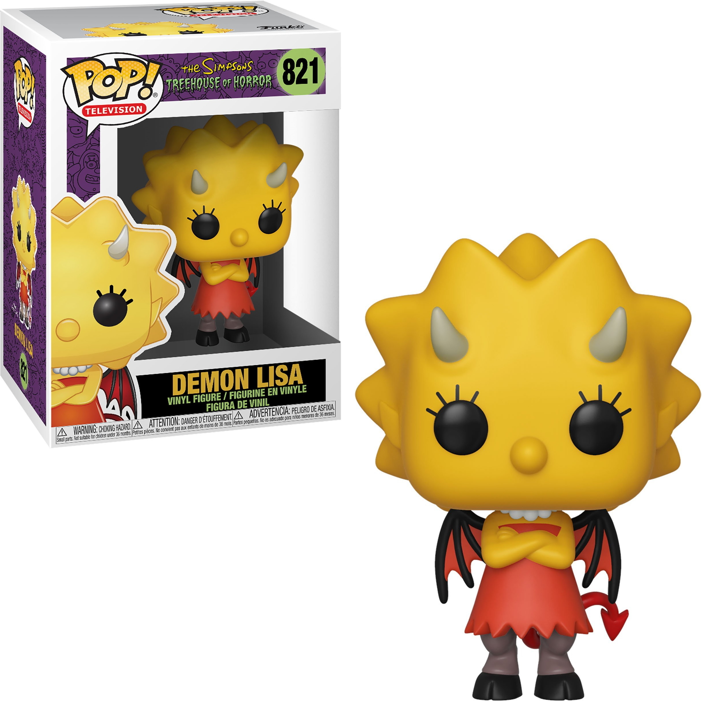 Demon Lisa Figur in Gelb mit Hörnern und rotem Kleid. Box mit Figur und The Simpsons Logo.