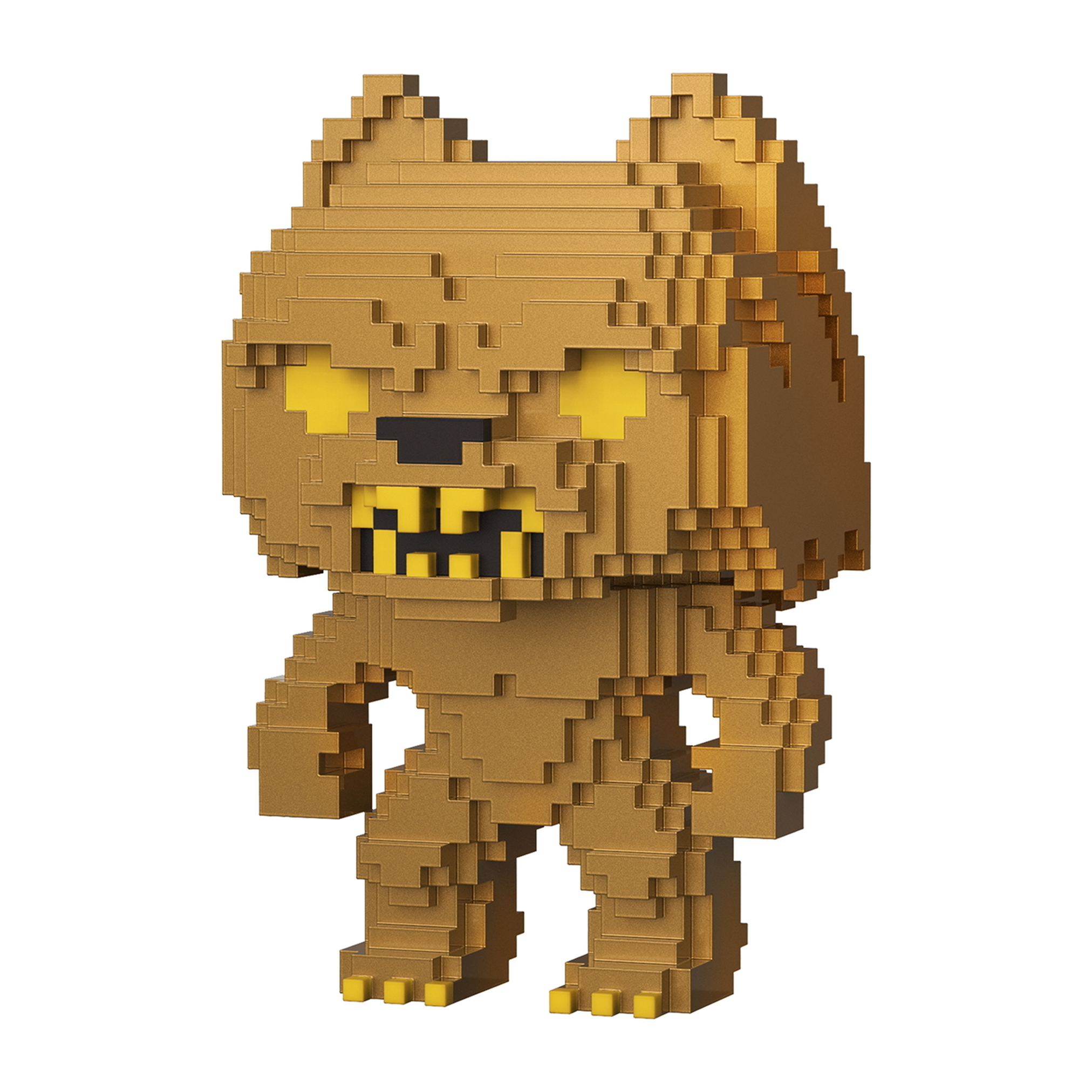Eine pixelige, braune Monster Funko Pop Figur mit gelben Augen und Zähnen.