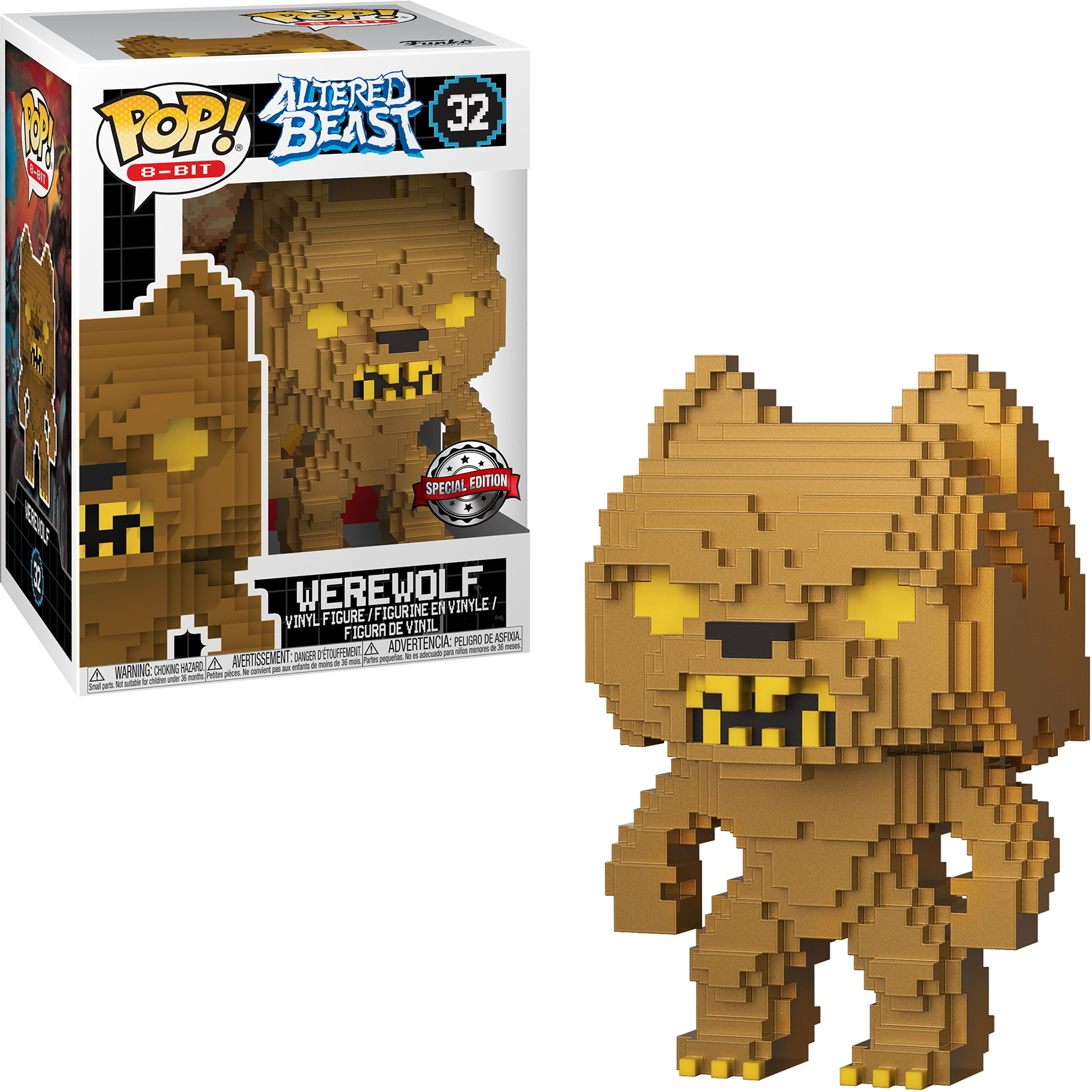 Werwolf 8-Bit Funko Pop Figur, braun und pixelig, mit Box.