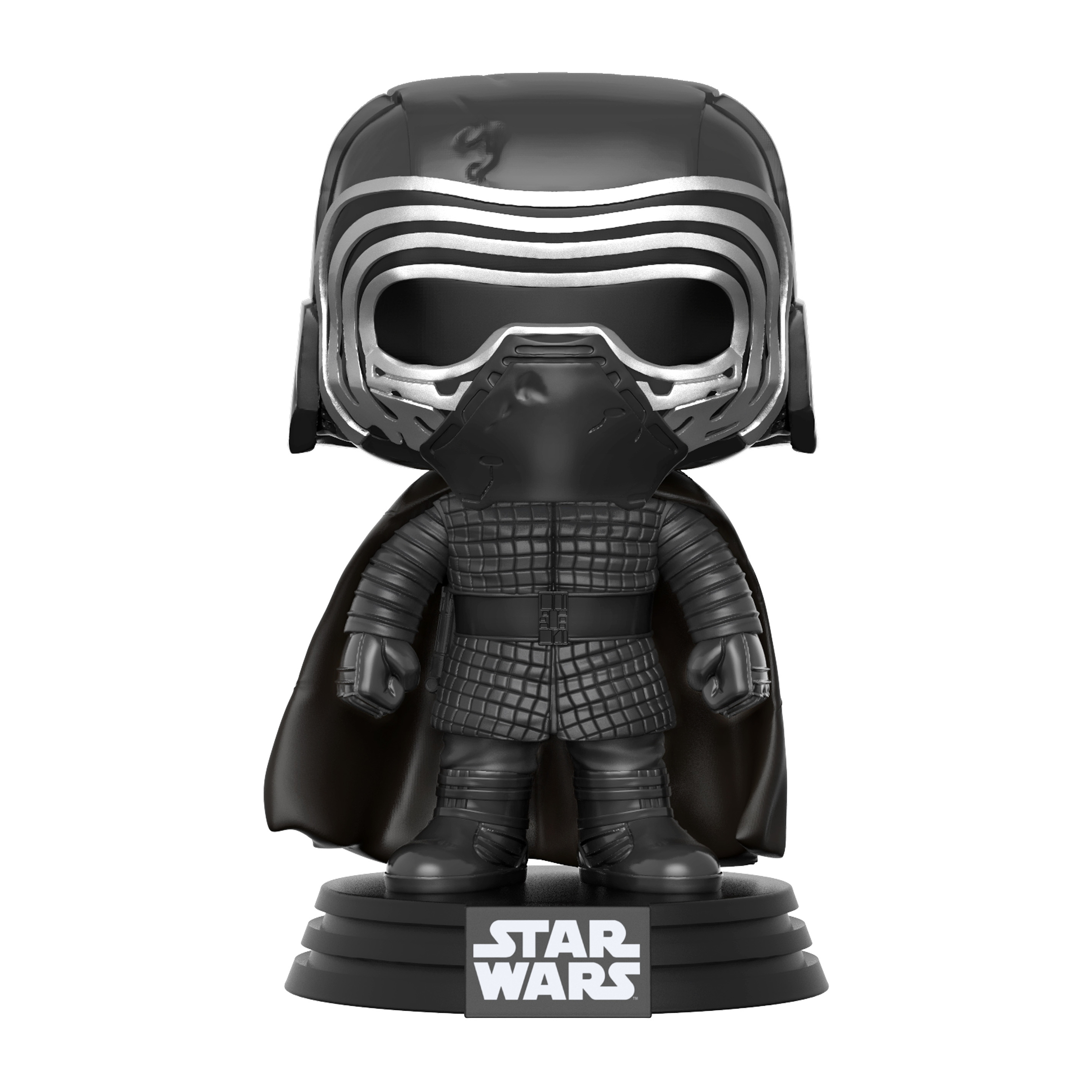 Kylo Ren Funko Pop-Figur auf einem Ständer. Schwarzer Helm, Umhang und Outfit. Star Wars Logo auf der Basis.