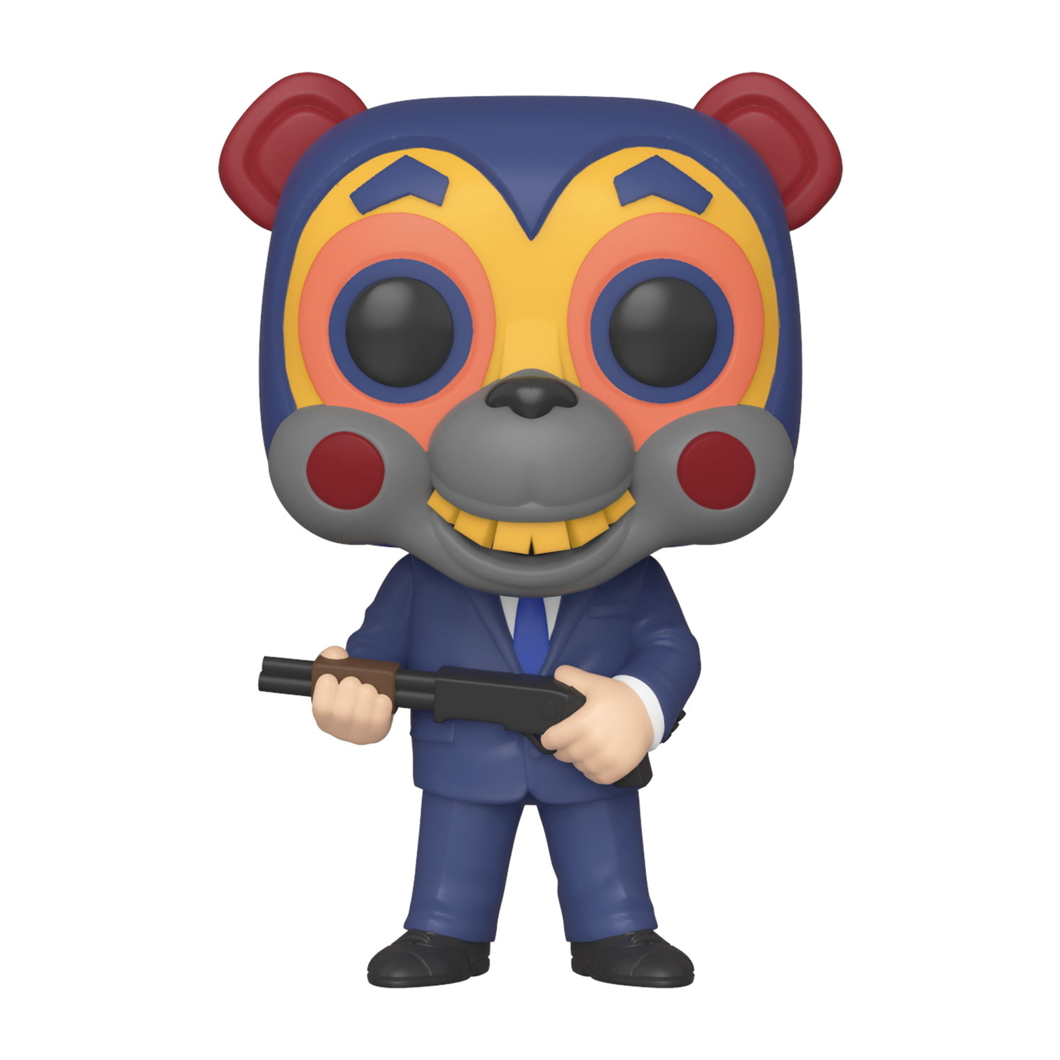 Figurka w stylu niedźwiedzia w garniturze, strzelba, niebieski garnitur, pomarańczowa twarz, czerwone uszy, szare zęby, trzymająca broń.