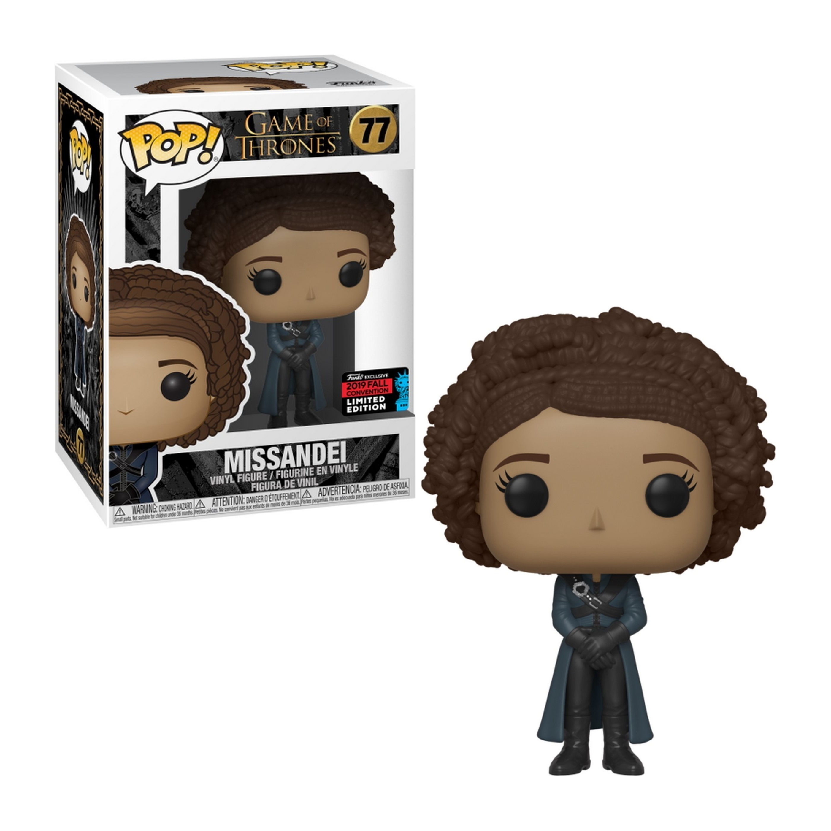 Missandei-Figur mit blauem Mantel und schwarzen Stiefeln. Dunkle Haare. Box sichtbar und liest sich 'Game of Thrones'.
