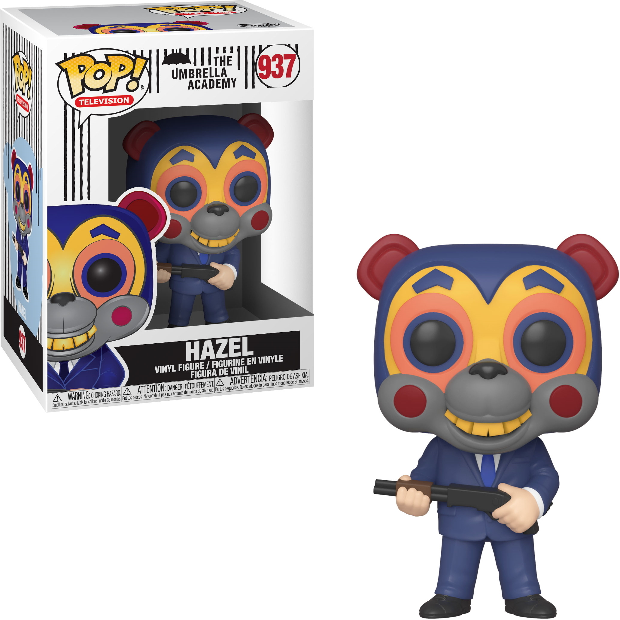 Figurka Funko Pop Hazel z The Umbrella Academy, niedźwiedź w garniturze i strzelbą.