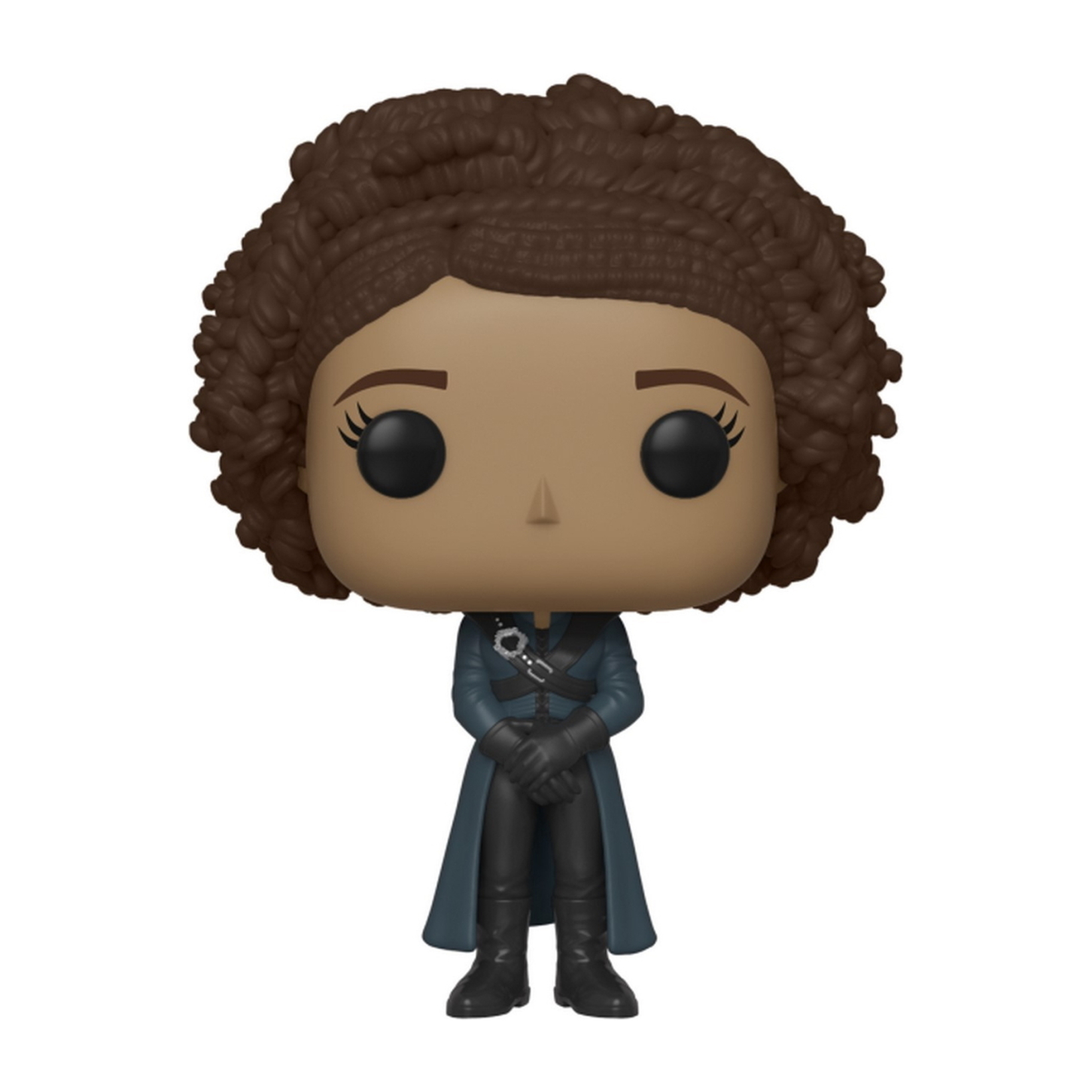 Funko Pop einer Frau mit dunklem, lockigem Haar, die einen blauen Mantel und Handschuhe trägt. Schwarze Stiefel.