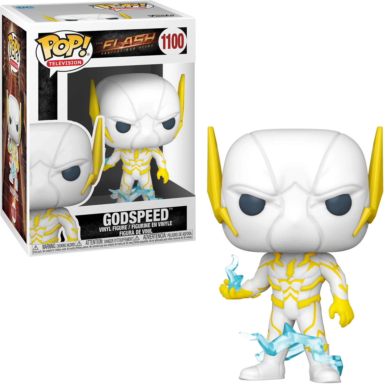 Godspeed-Figur in einem weißen Anzug mit gelben Akzenten. Er hat gelbe Blitzdetails.