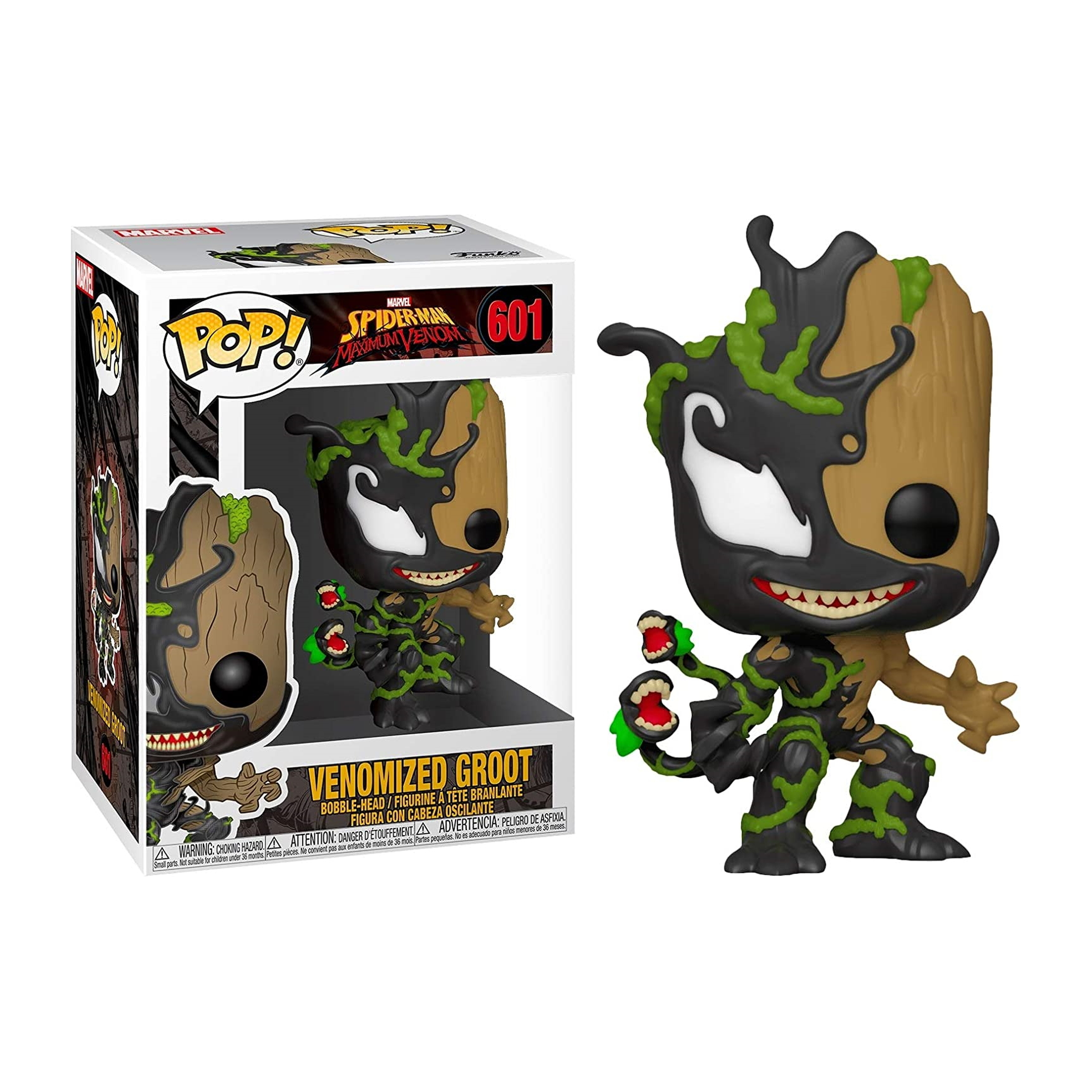 Venomized Groot Figur. Es ist eine Groot Figur mit Venom-Symbiont-Merkmalen, grün und schwarz, lächelnd.