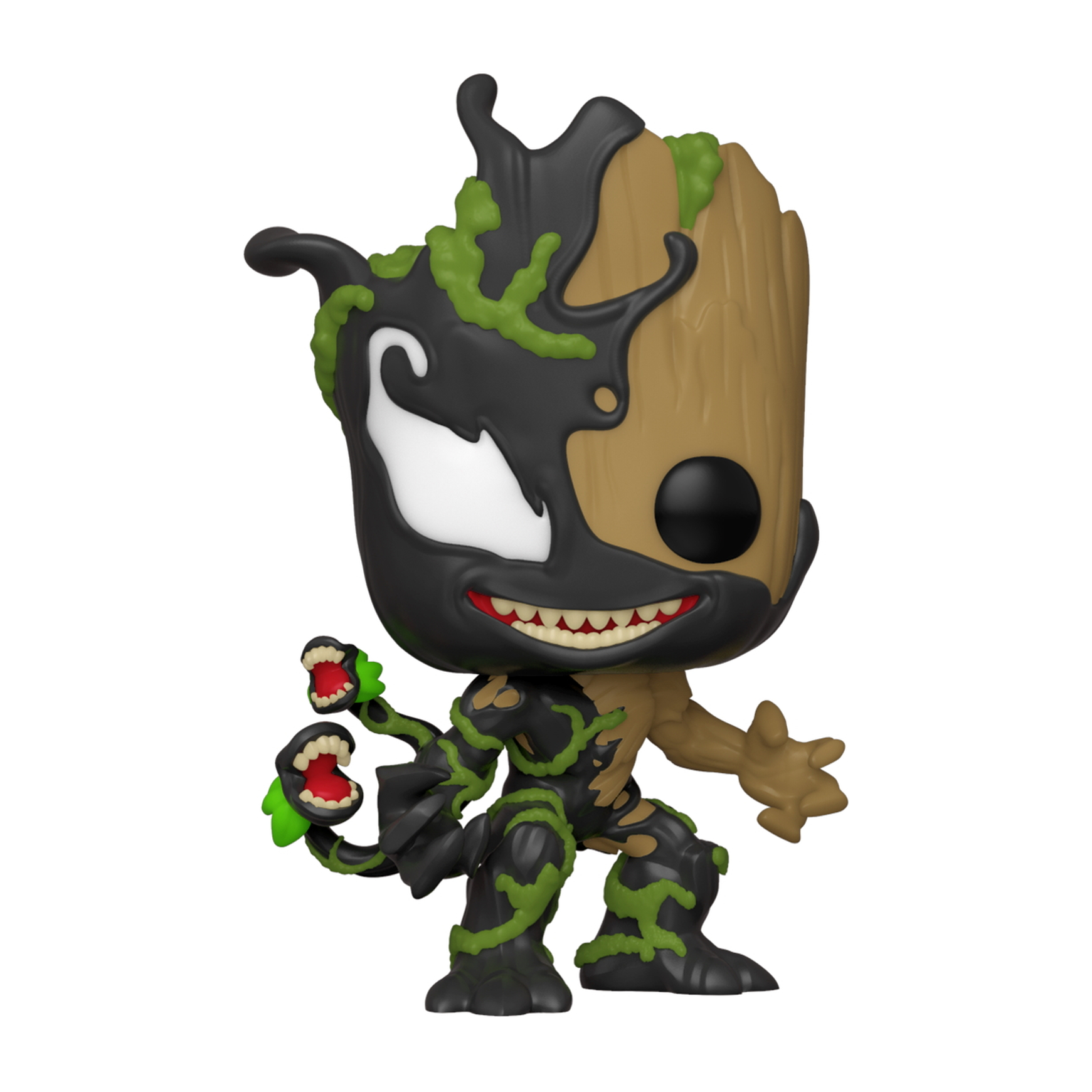 Venomized Groot Funko Pop Figur. Braun und schwarz mit grünen Akzenten. Hat Venom Gesicht.