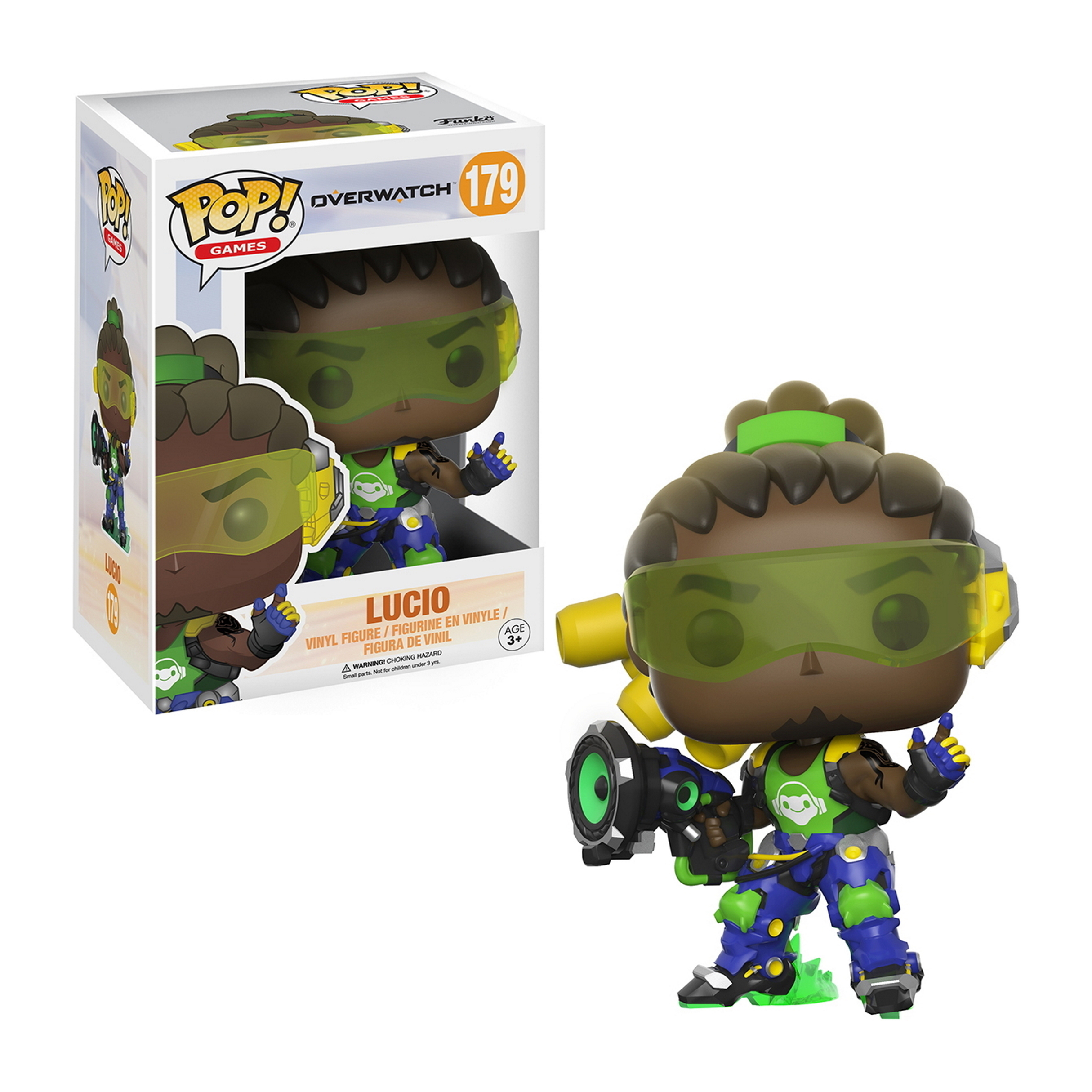 Funko Pop-Figur von Lucio aus Overwatch. Figur und Box gezeigt, mit leuchtenden Farben.