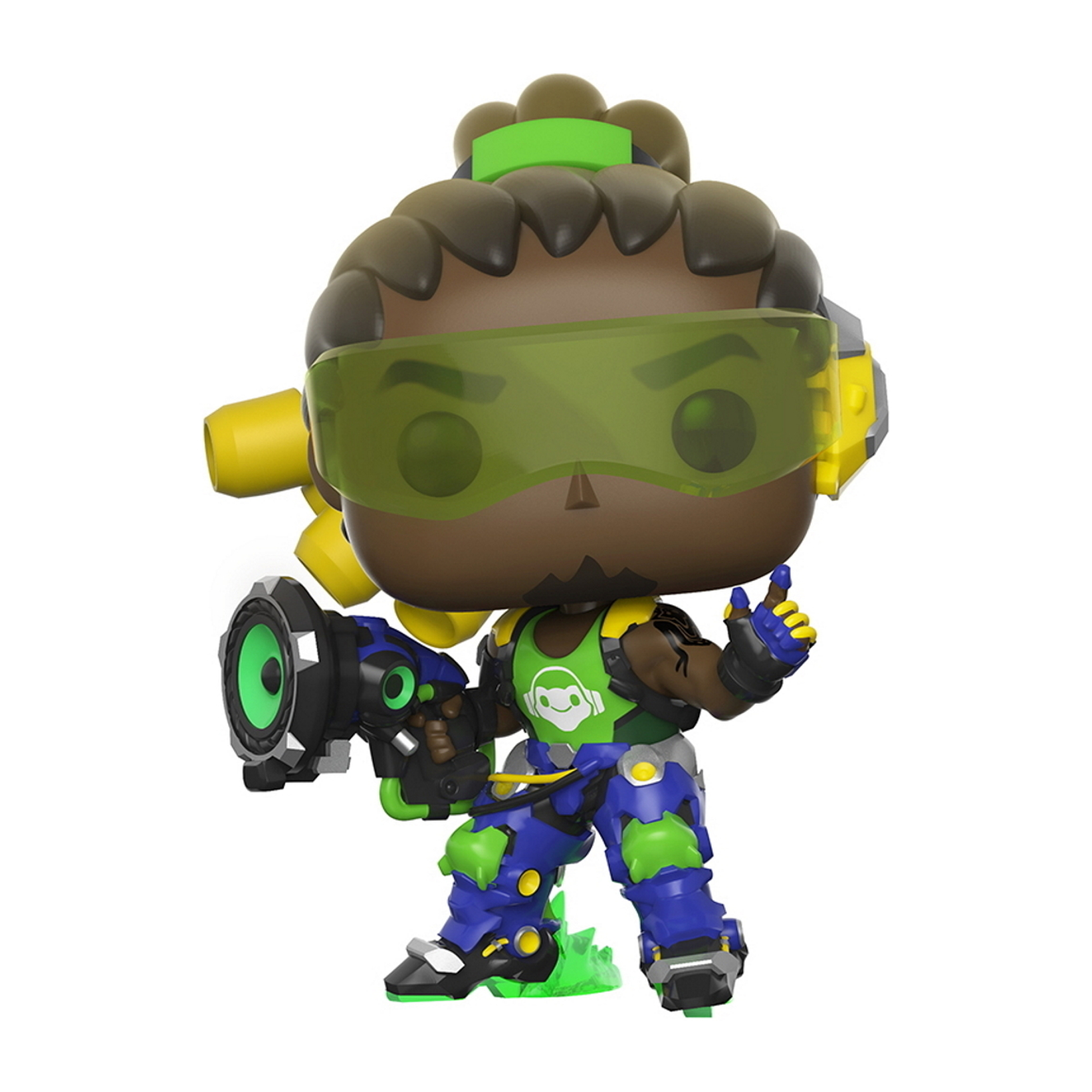Eine Funko Pop Figur von Lucio aus dem Spiel Overwatch, der einen Blaster hält.