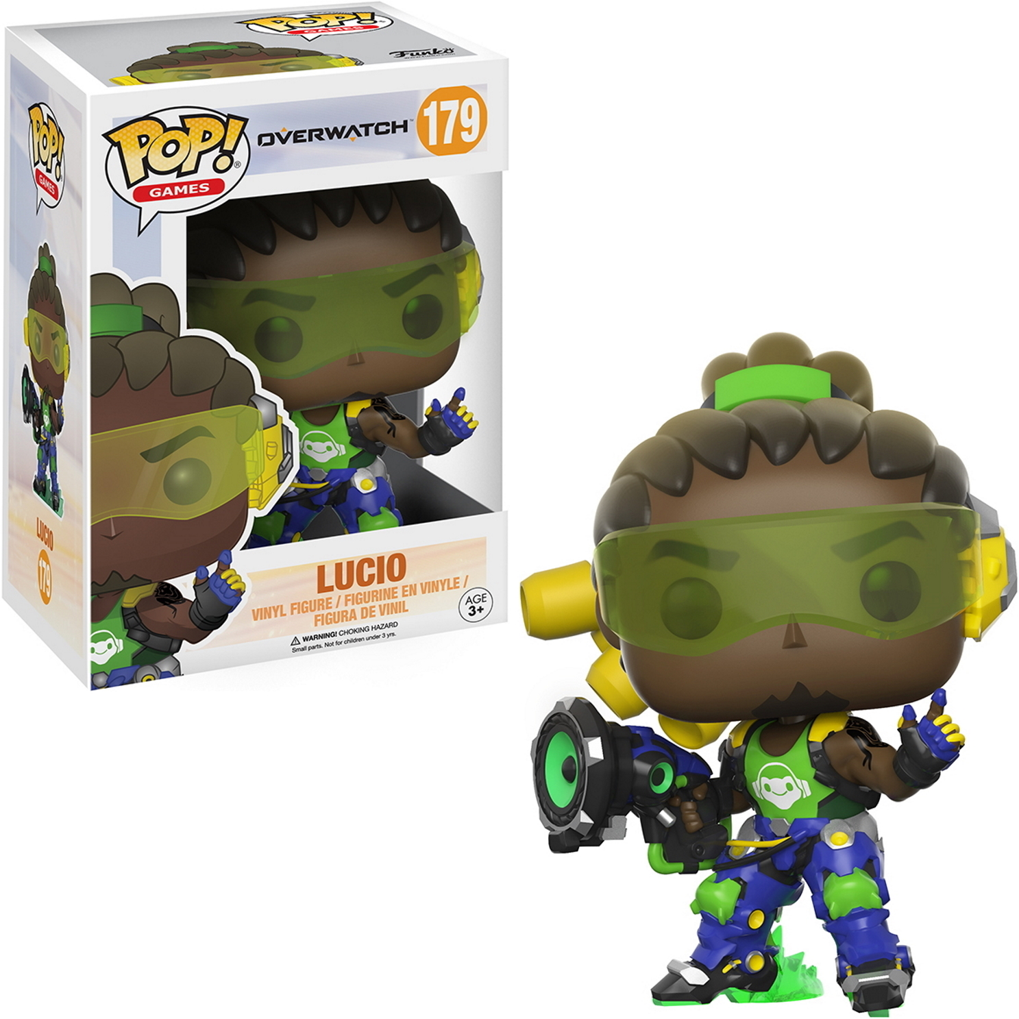 Funko Pop! Overwatch Lucio Figur in und aus der Box. Weißer Hintergrund.