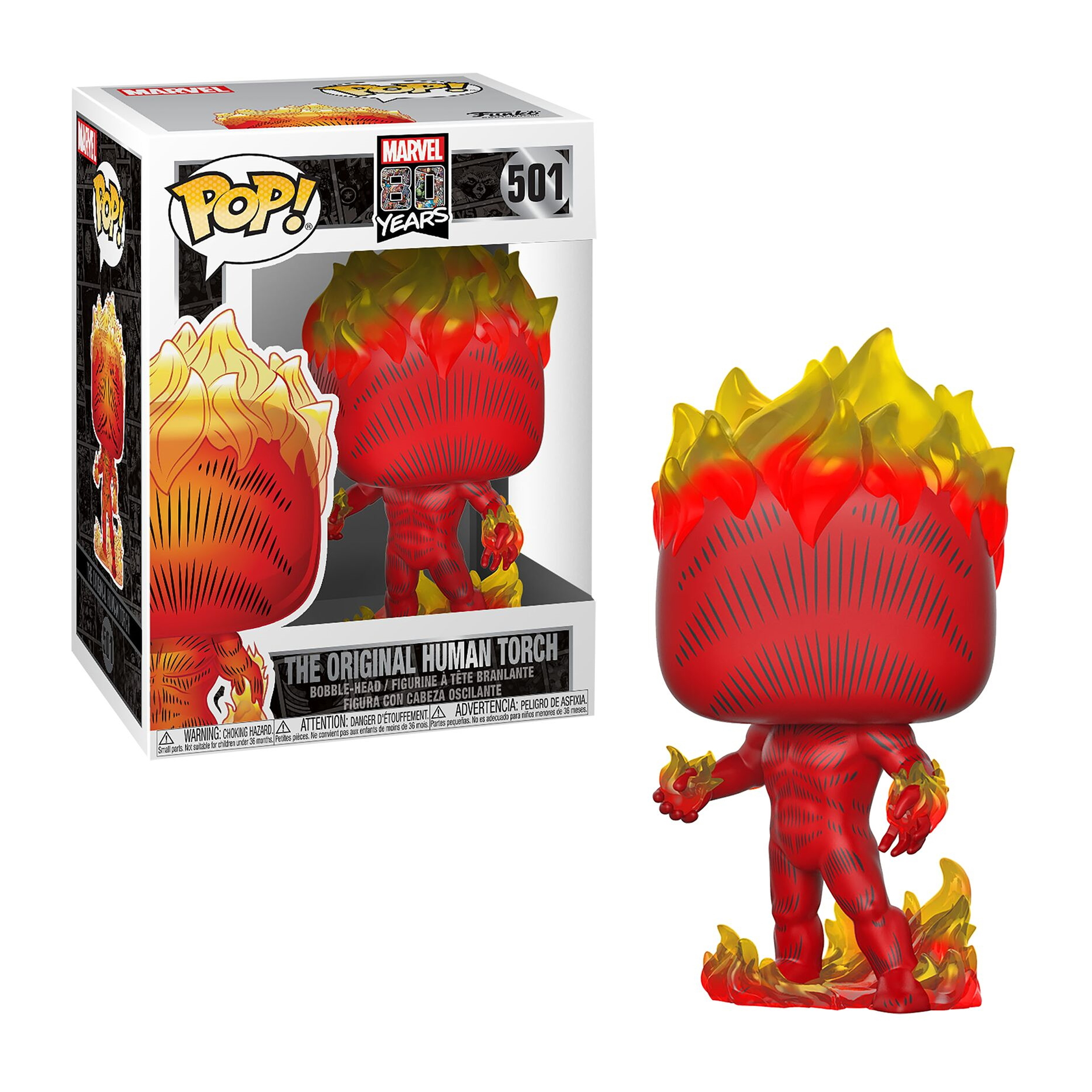 Figurka Funko Pop Human Torch, czerwone ciało z żółtymi płomieniami. Pudełko jest widoczne z tyłu.