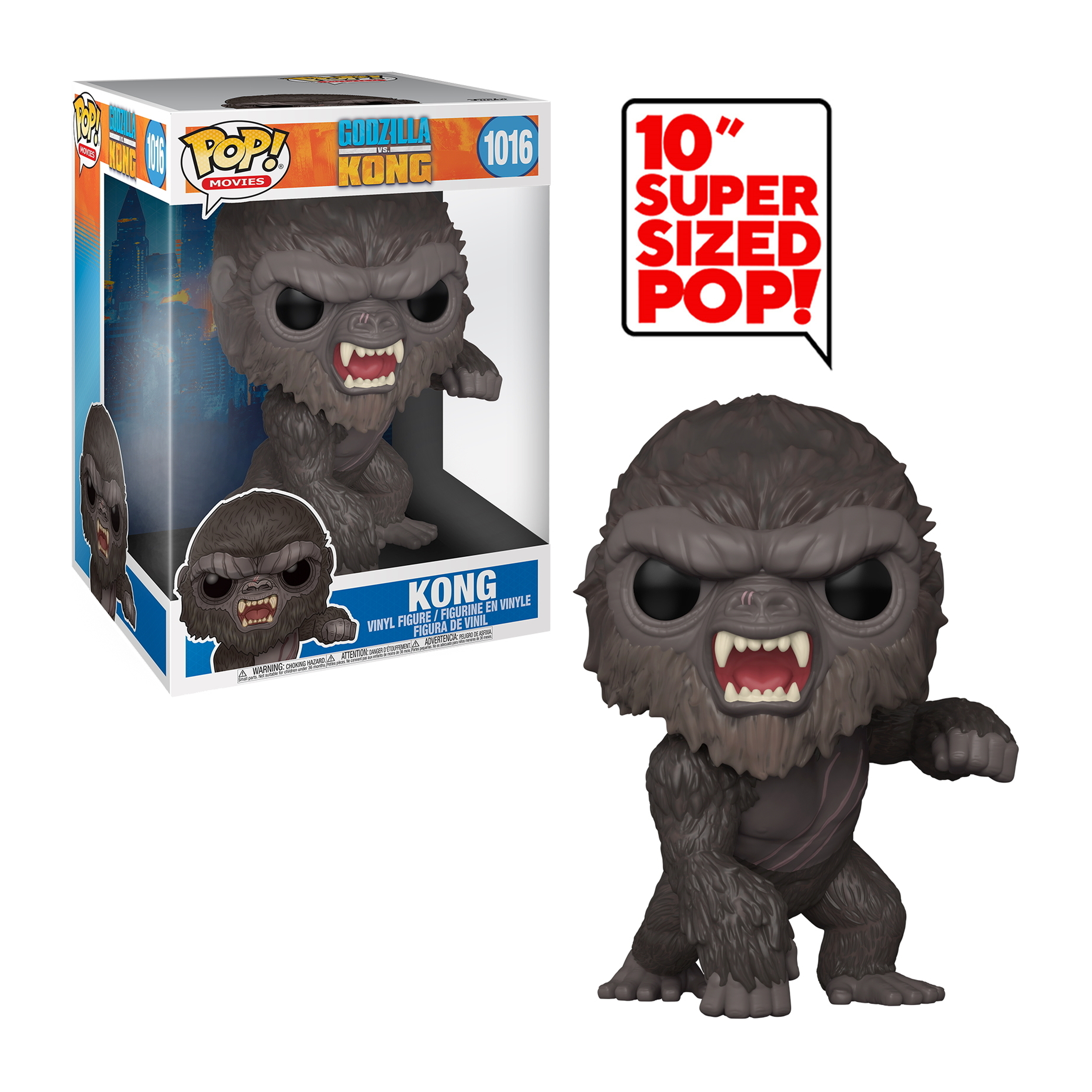 Godzilla Kong Figur in Kampfhaltung, mit einem 10-Zoll-Schild und Box-Art.