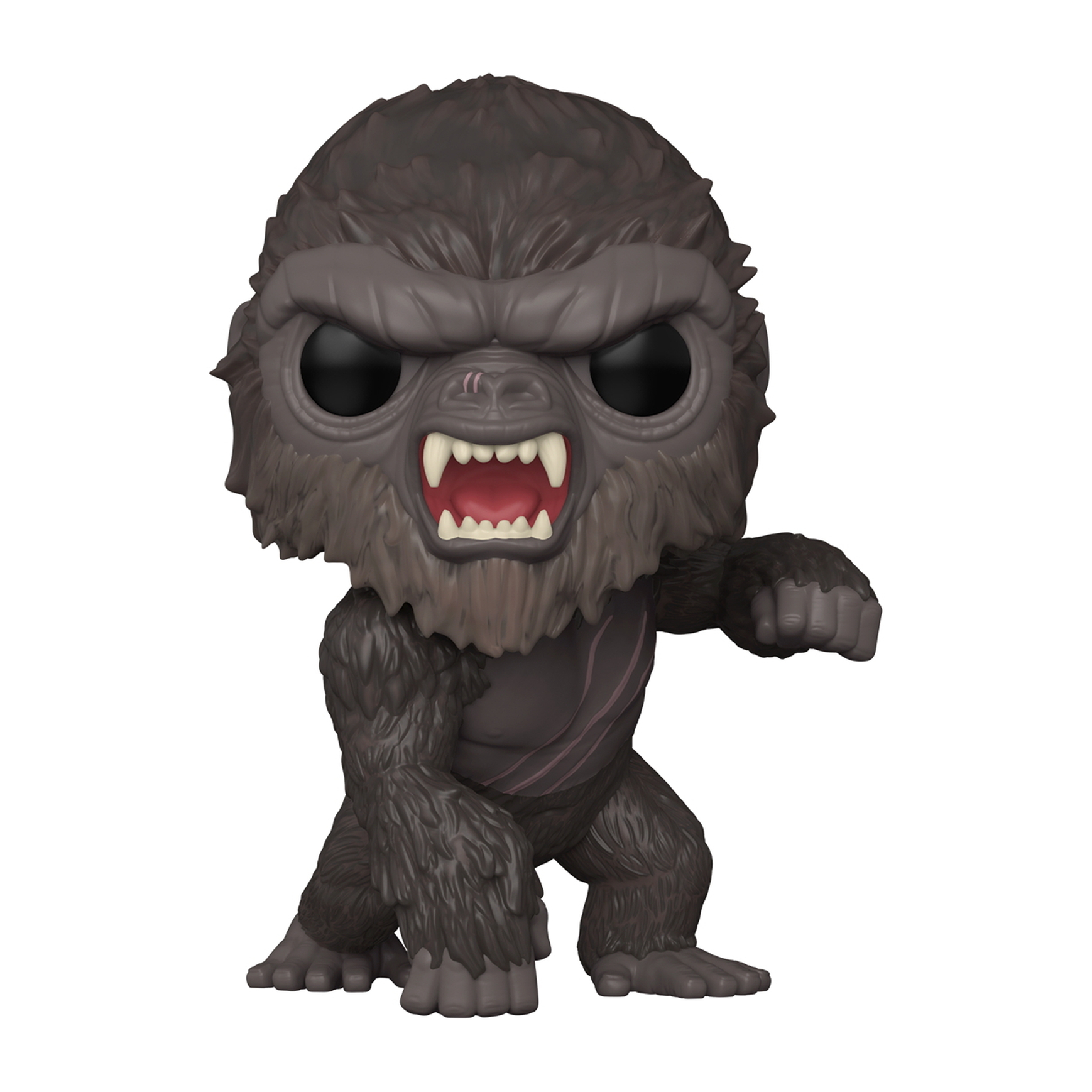 Gorilla-Figur in aggressiver Pose. Dunkelgraues Fell, geöffneter Mund mit Zähnen, weißer Hintergrund.