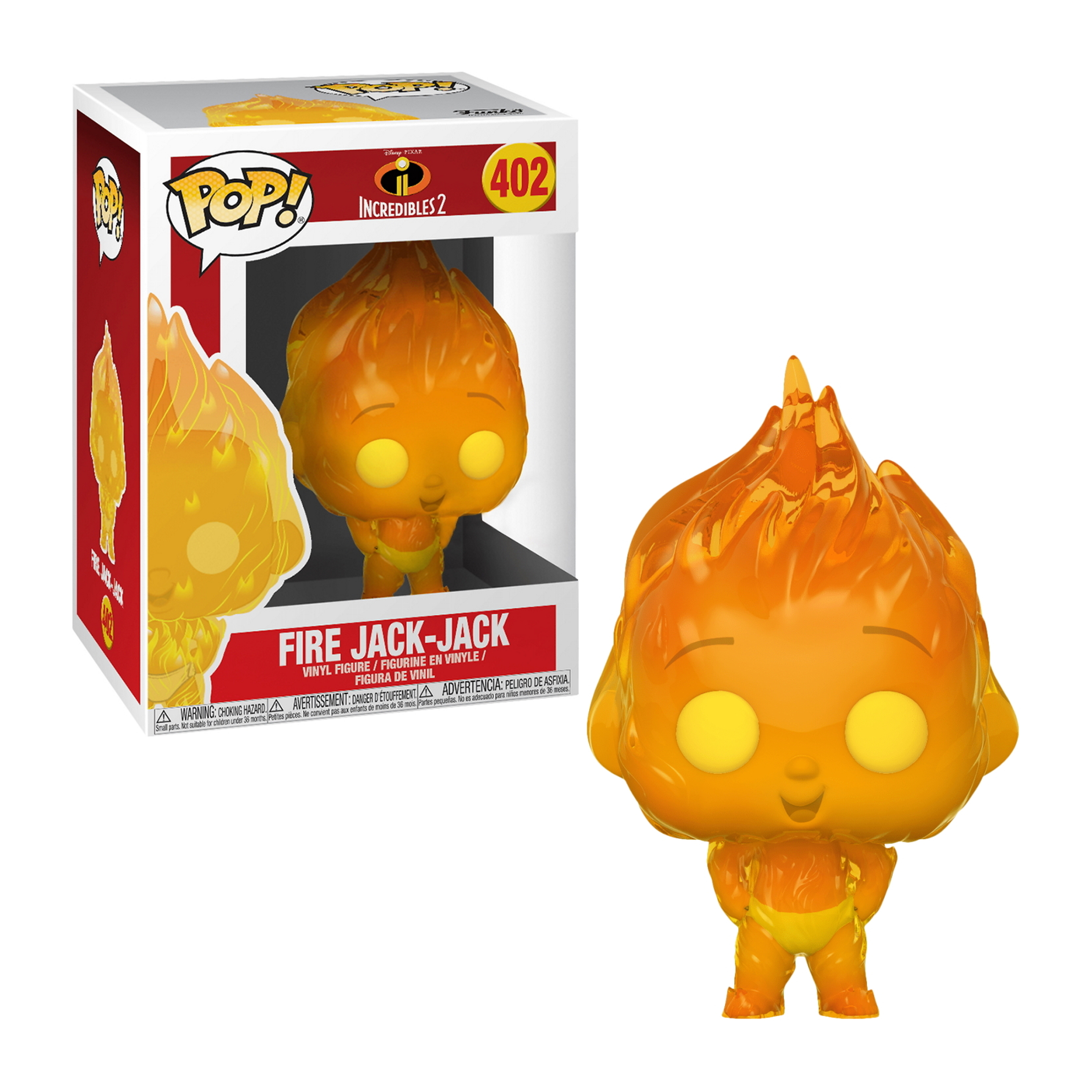 Figur von Fire Jack-Jack mit orangefarbenen Flammen. Die Box zeigt Figur und Text.