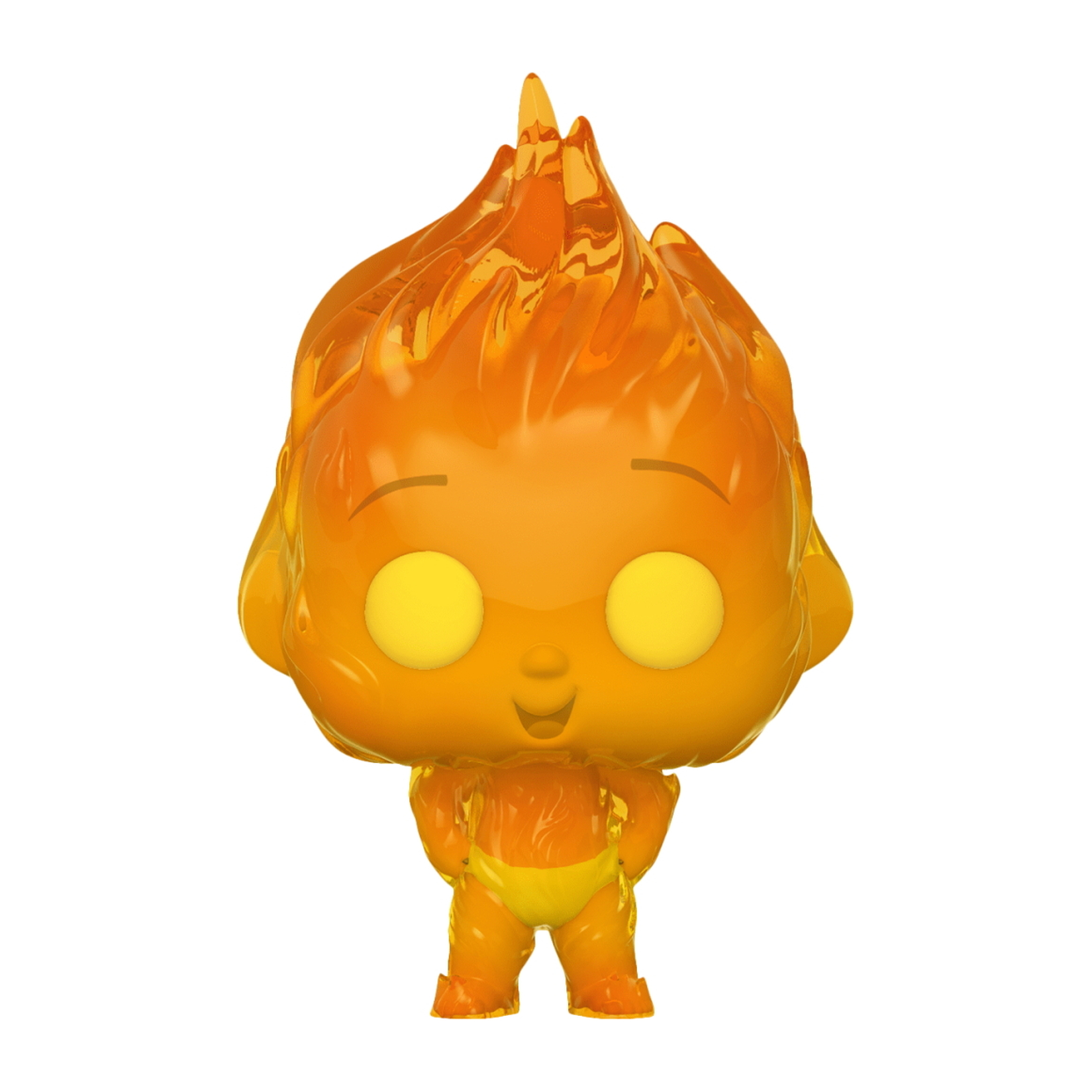 Eine Funko Pop Figur, ein gelbes Baby mit Flammen als Haaren und gelber Unterwäsche.