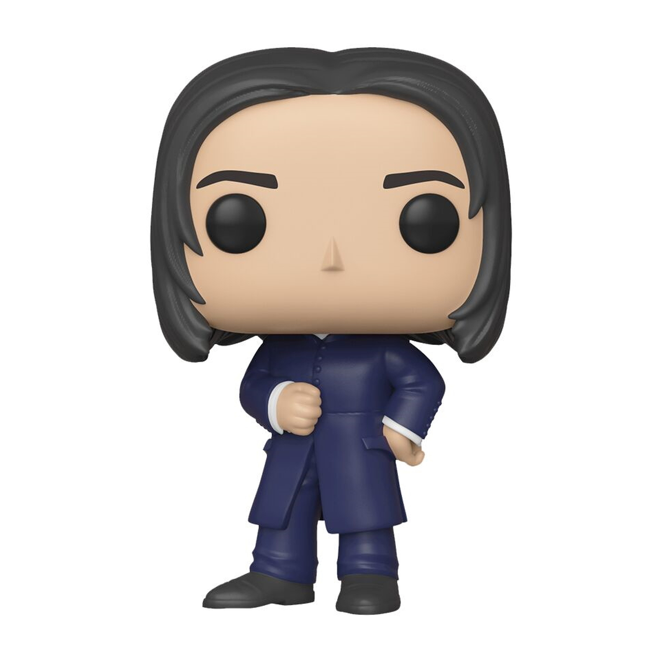 Severus Snape Figur mit langen schwarzen Haaren, trägt einen dunkelblauen Anzug. Kein Hintergrund.