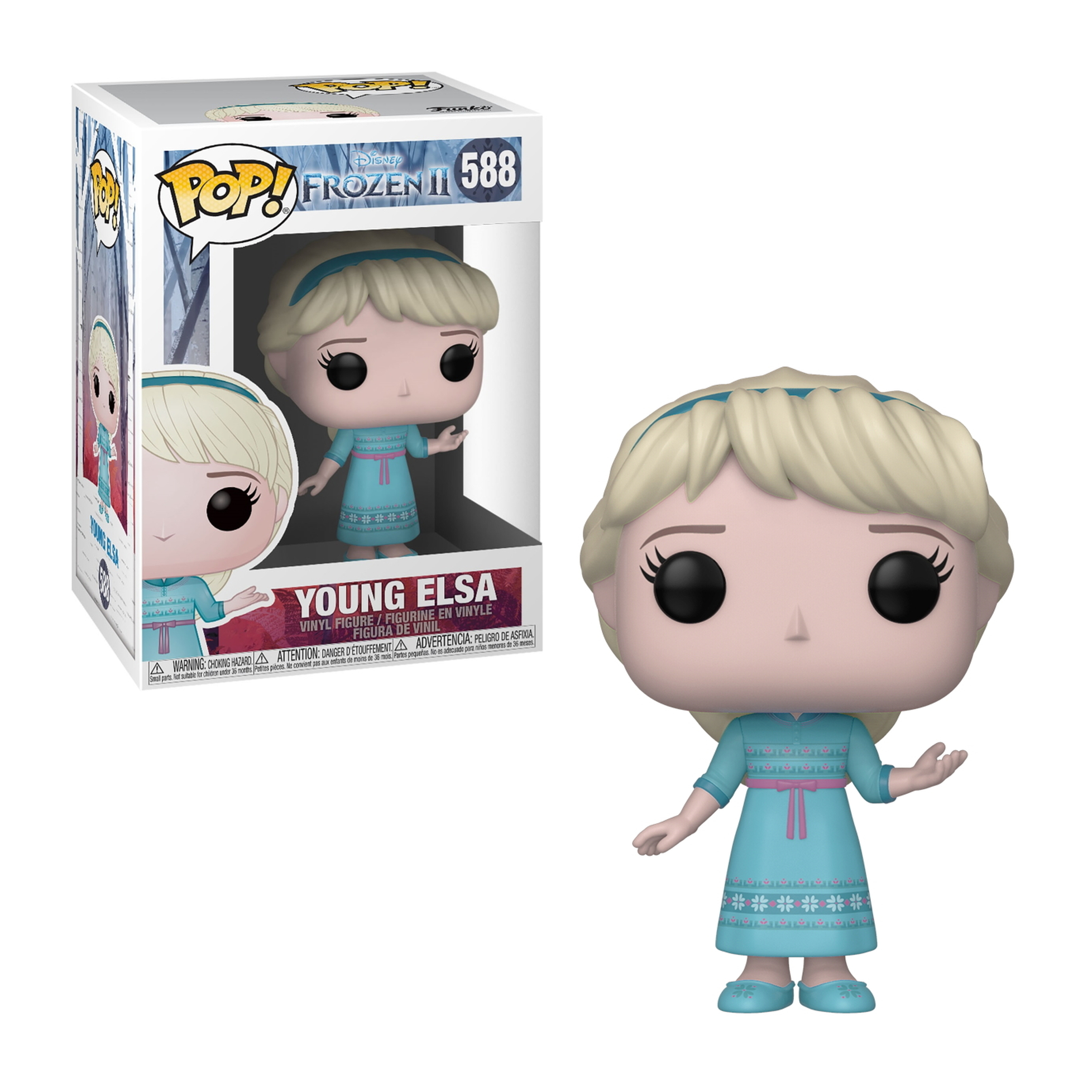Figura Funko Pop di Elsa giovane in abito blu, capelli biondi, mano alzata.