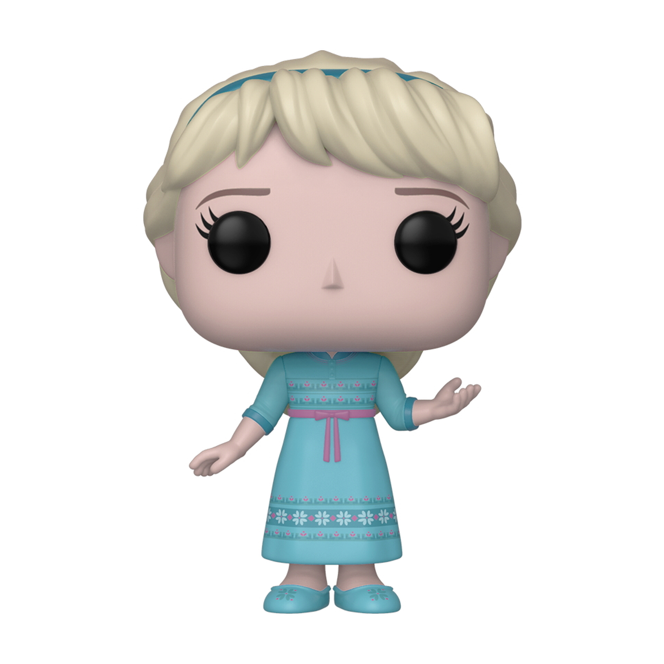 Una figura Funko Pop di Elsa di Frozen. Indossa un vestito blu e ha i capelli biondi, con una mano aperta.