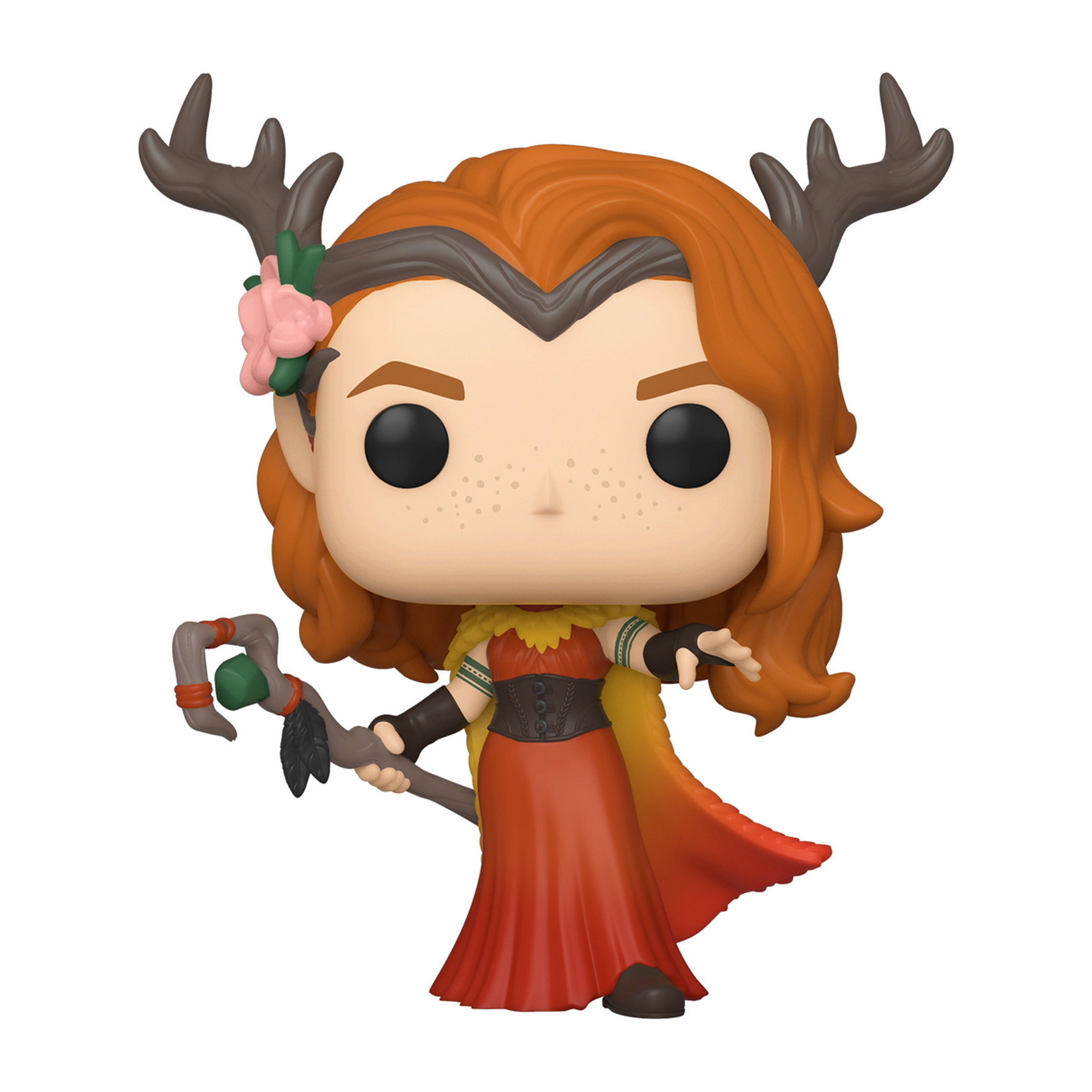 Ein druidenartiger Charakter Funko Pop. Rotes Haar, Hörner, Blume, hält einen Stab.
